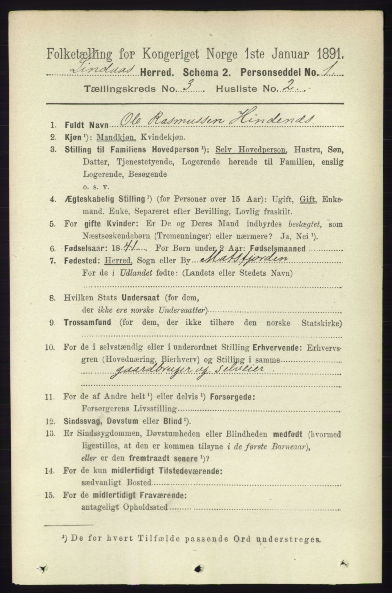 RA, 1891 census for 1263 Lindås, 1891, p. 810