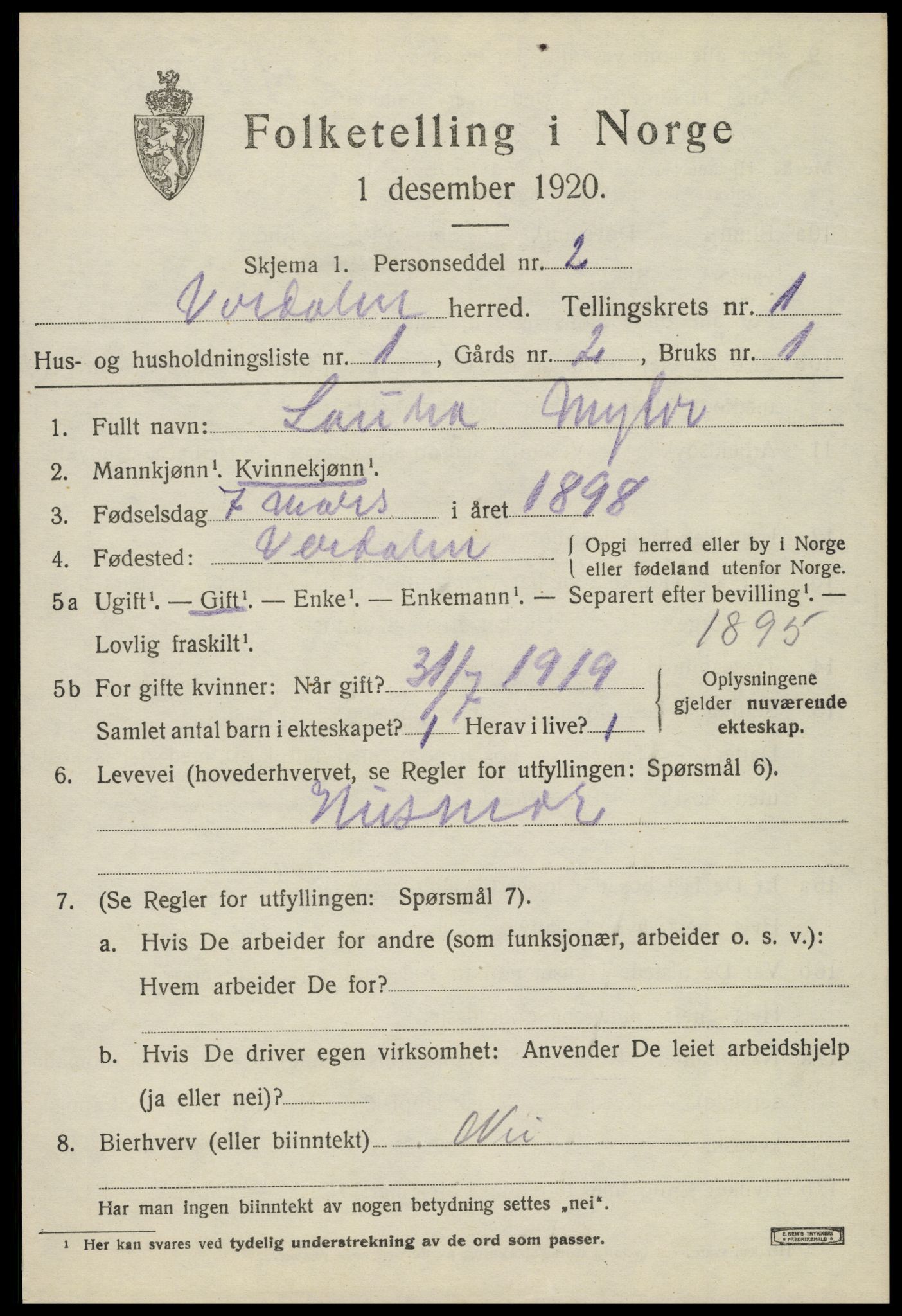 SAT, 1920 census for Verdal, 1920, p. 2345