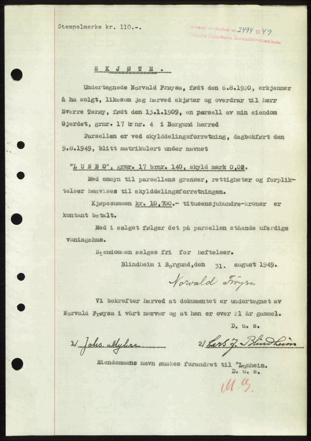 Nordre Sunnmøre sorenskriveri, AV/SAT-A-0006/1/2/2C/2Ca: Mortgage book no. A32, 1949-1949, Diary no: : 2494/1949