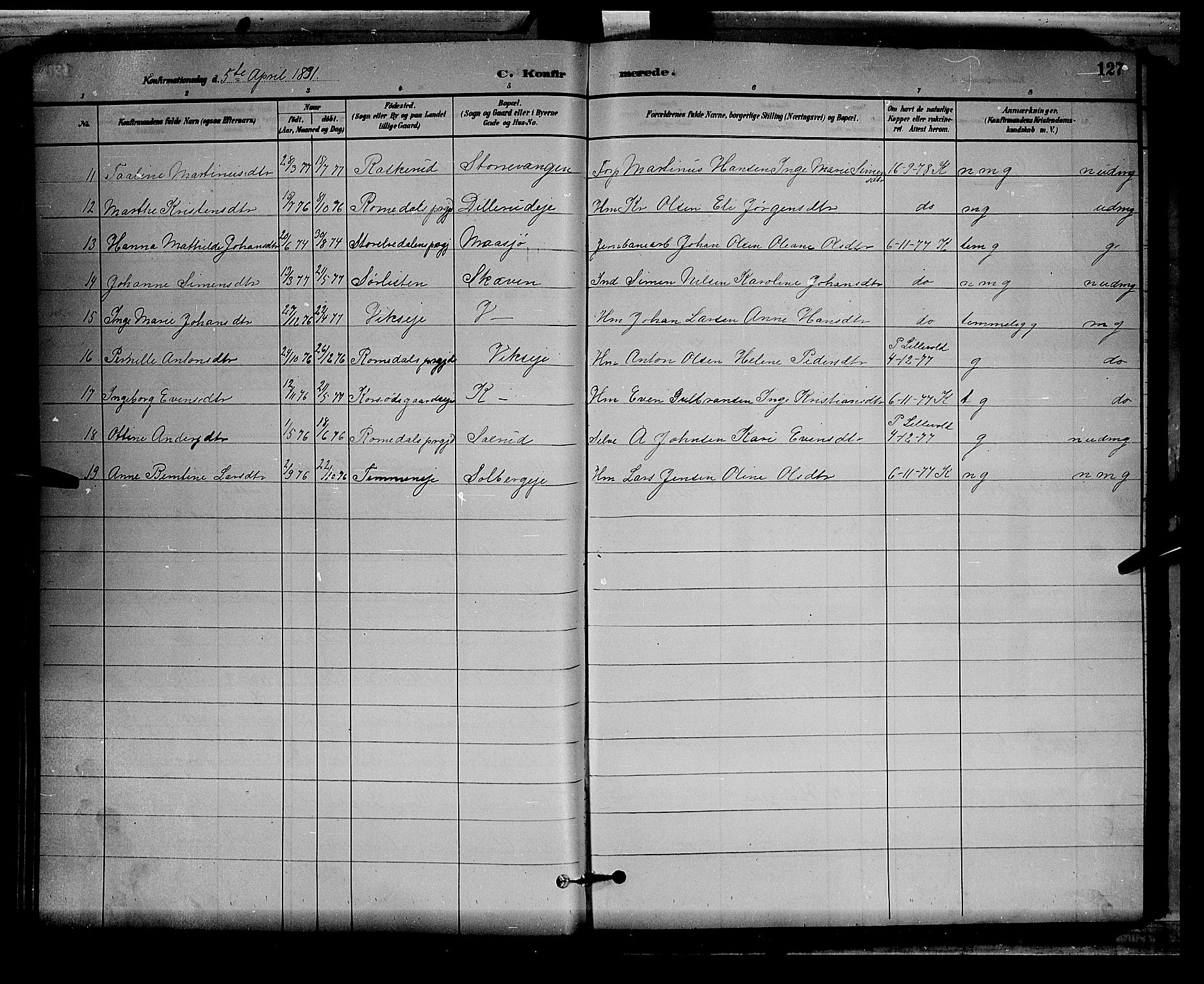 Stange prestekontor, AV/SAH-PREST-002/L/L0008: Parish register (copy) no. 8, 1882-1895, p. 127