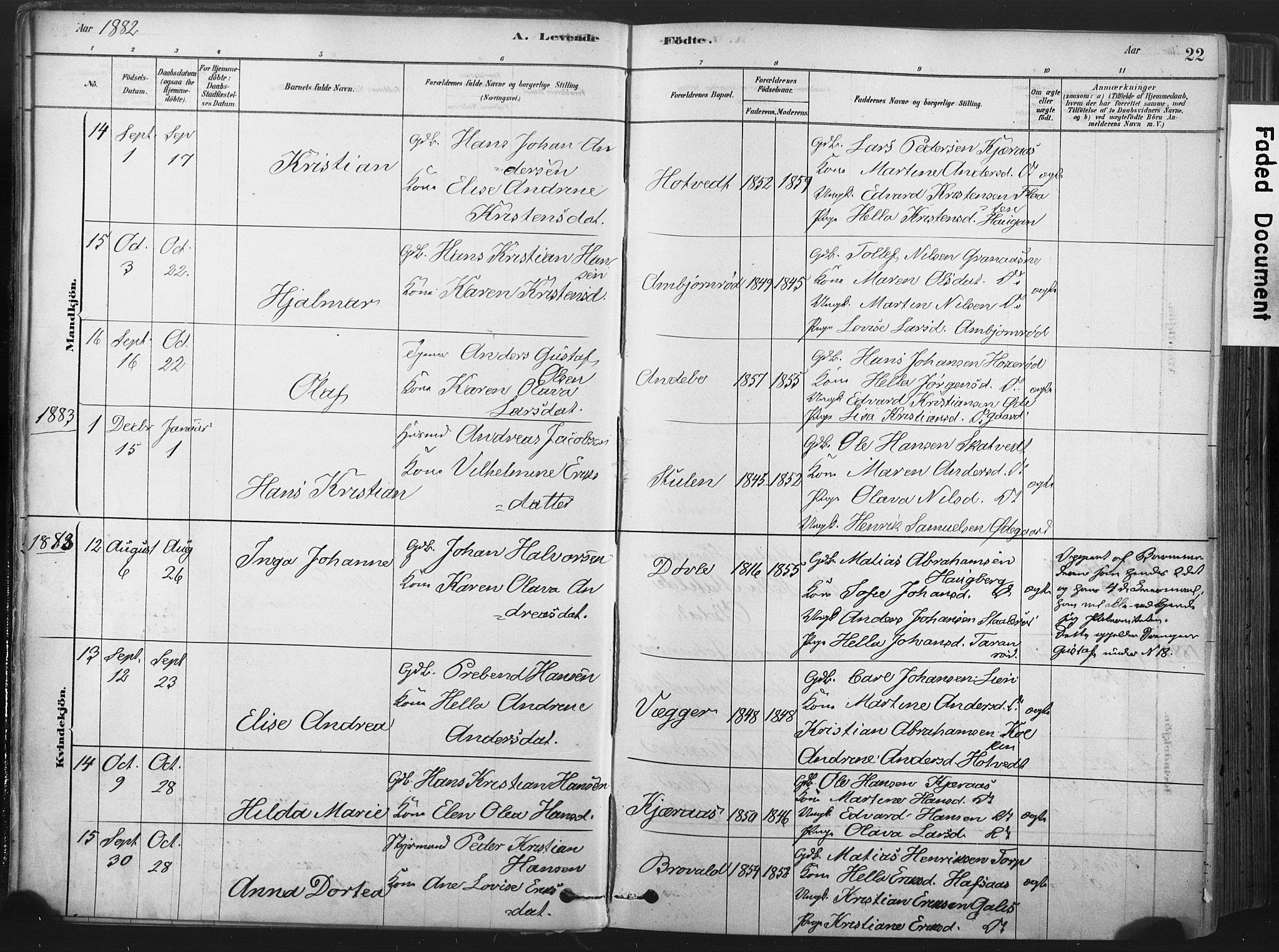 Andebu kirkebøker, AV/SAKO-A-336/F/Fa/L0007: Parish register (official) no. 7, 1878-1899, p. 22