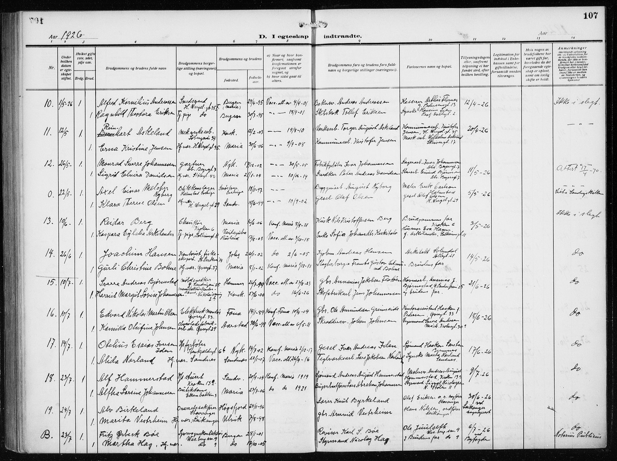 Mariakirken Sokneprestembete, AV/SAB-A-76901/H/Haa/L0015: Parish register (official) no. C 3, 1913-1927, p. 107