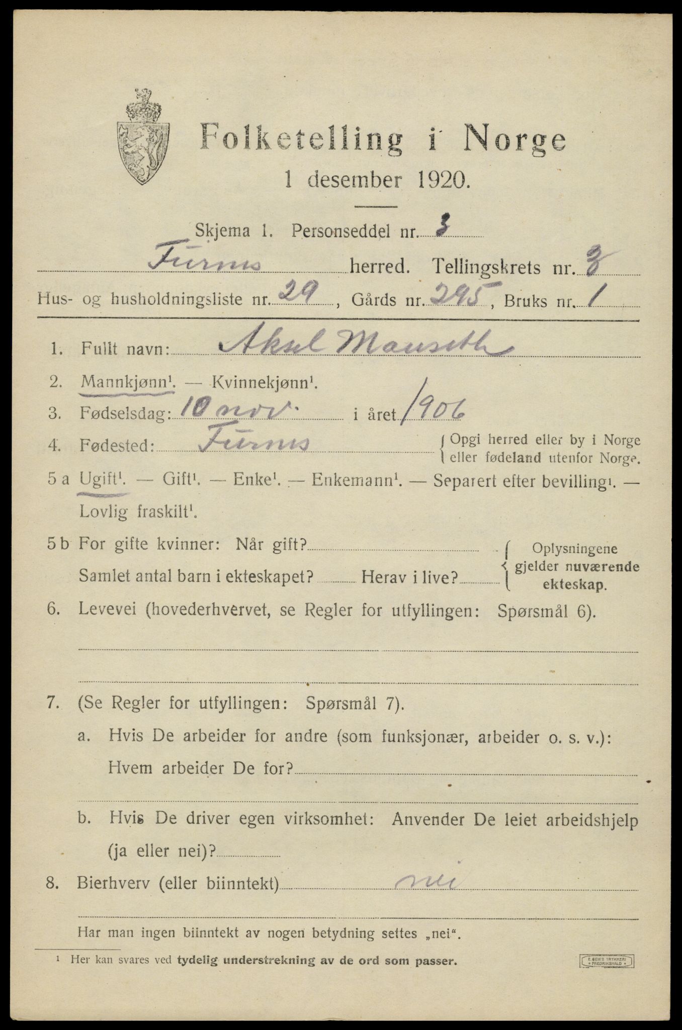 SAH, 1920 census for Furnes, 1920, p. 5155