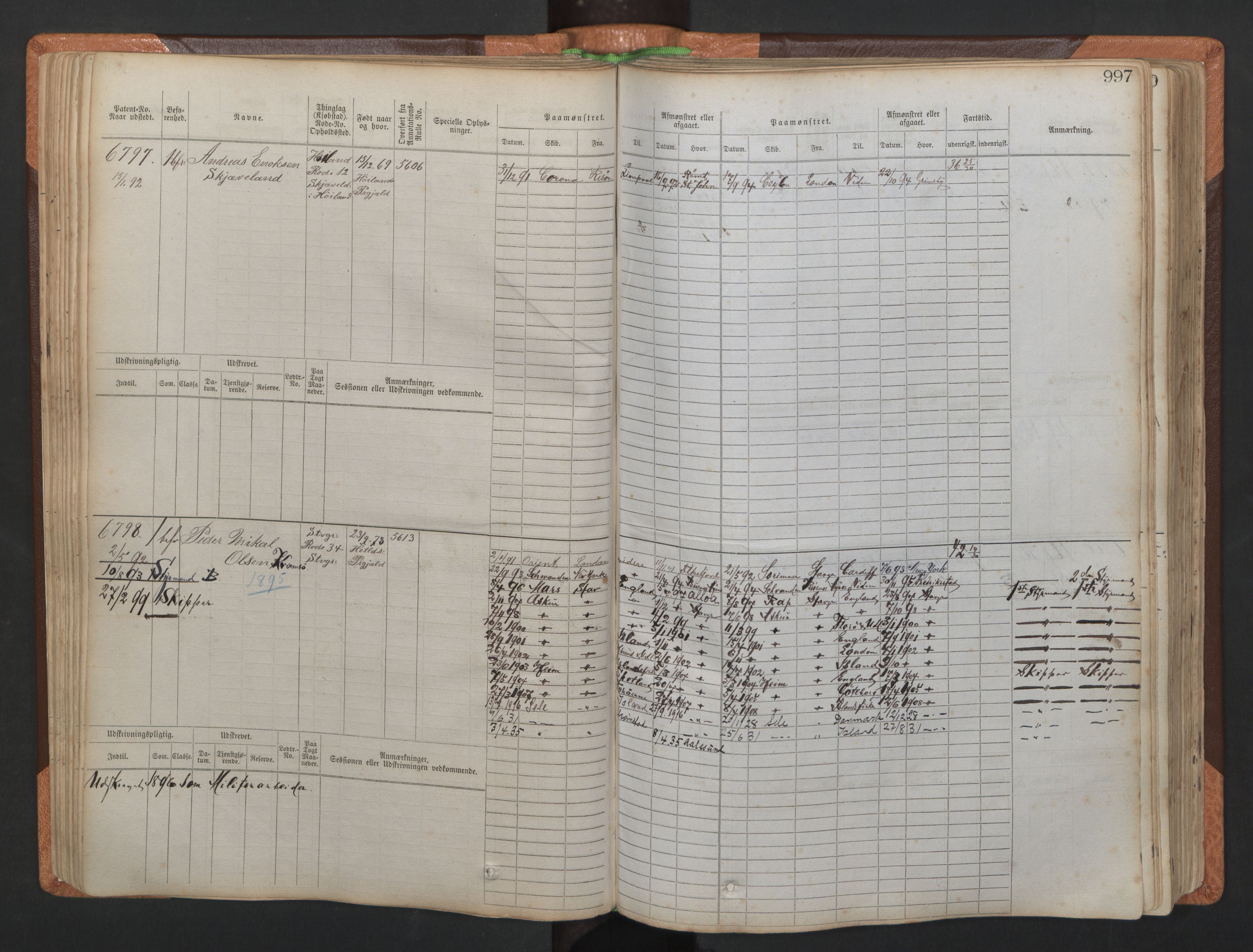 Stavanger sjømannskontor, AV/SAST-A-102006/F/Fb/Fbb/L0011: Sjøfartshovedrulle, patentnr. 6607-7206 (del 2), 1887-1896, p. 100