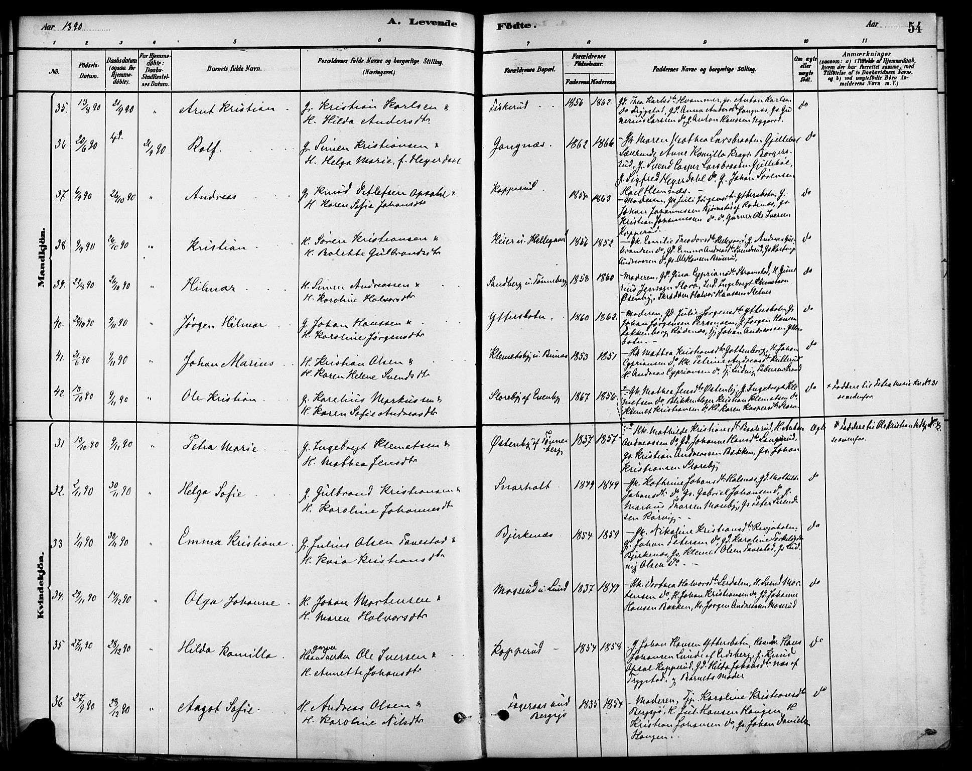 Høland prestekontor Kirkebøker, AV/SAO-A-10346a/F/Fb/L0001: Parish register (official) no. II 1, 1880-1897, p. 54