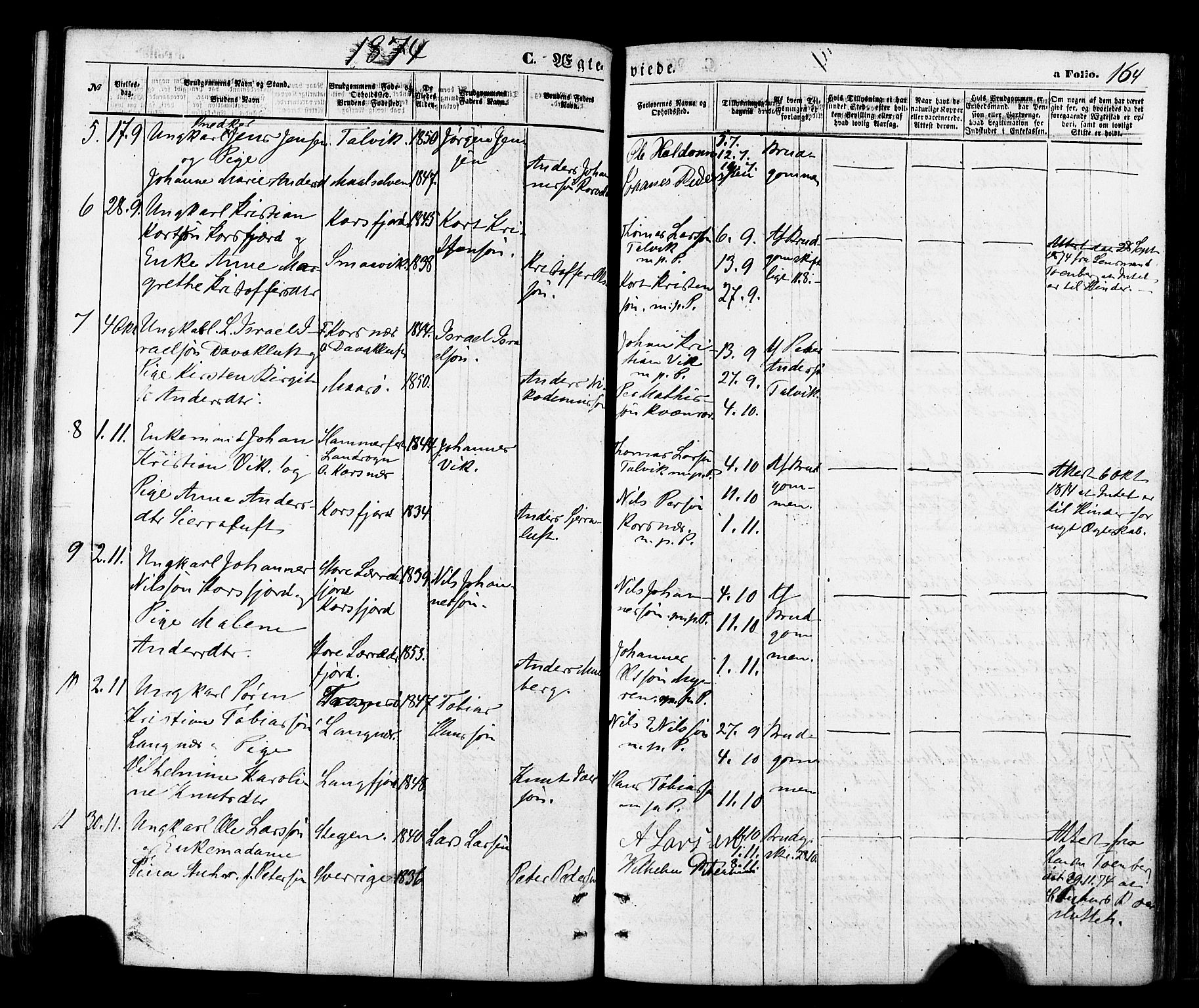 Talvik sokneprestkontor, SATØ/S-1337/H/Ha/L0011kirke: Parish register (official) no. 11, 1864-1877, p. 164