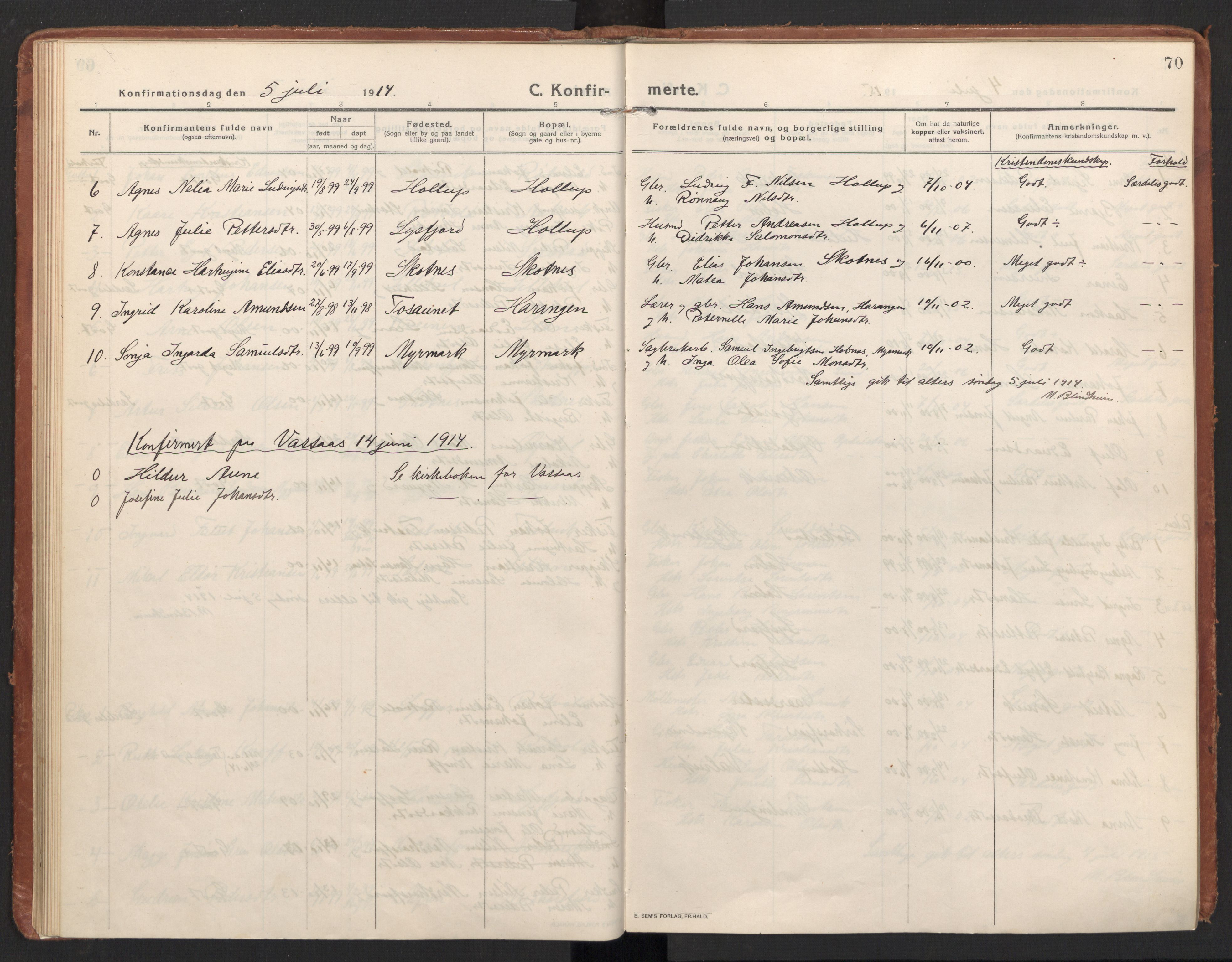 Ministerialprotokoller, klokkerbøker og fødselsregistre - Nordland, SAT/A-1459/811/L0168: Parish register (official) no. 811A05, 1914-1932, p. 70