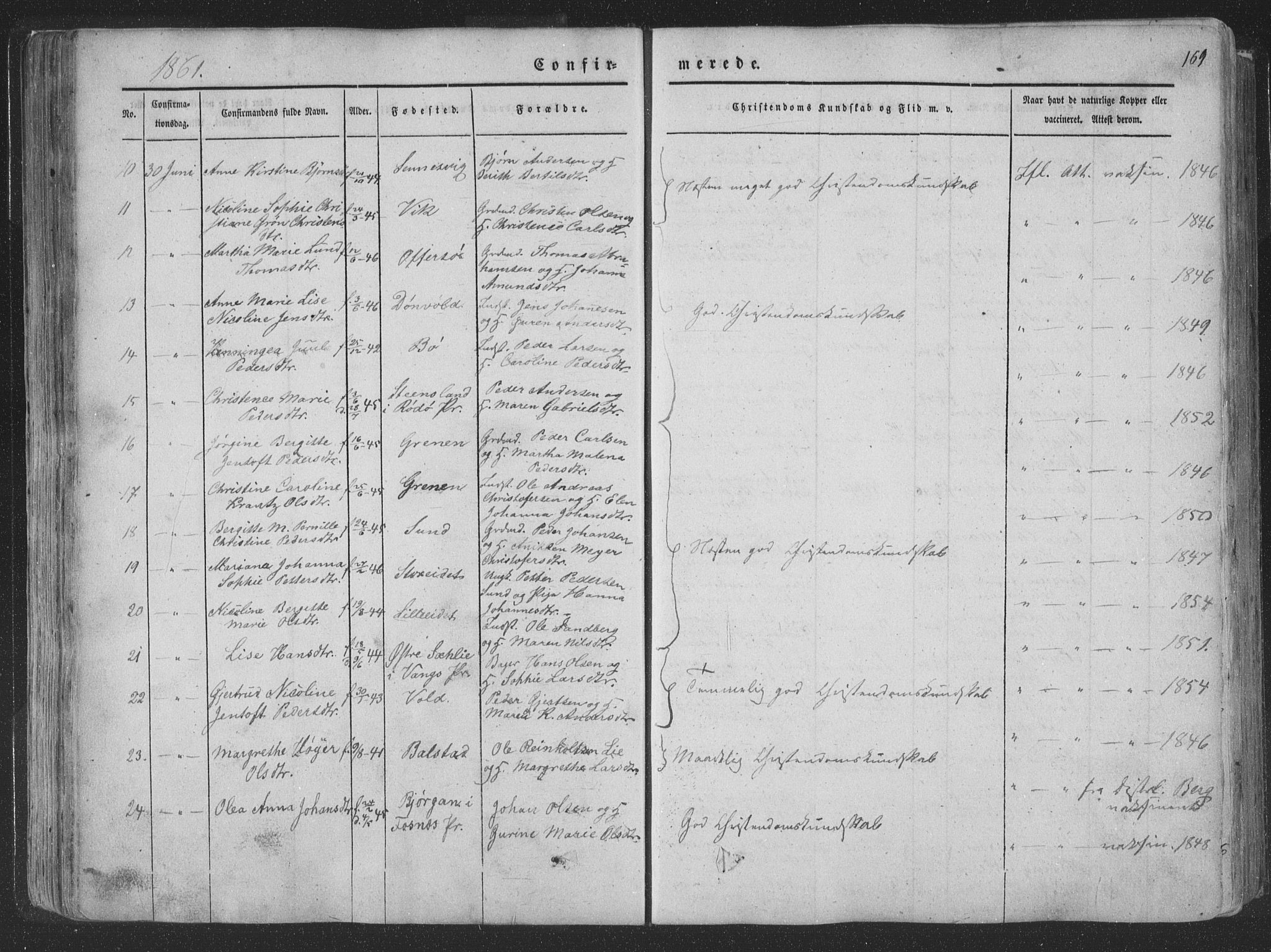 Ministerialprotokoller, klokkerbøker og fødselsregistre - Nordland, AV/SAT-A-1459/881/L1165: Parish register (copy) no. 881C02, 1854-1876, p. 169