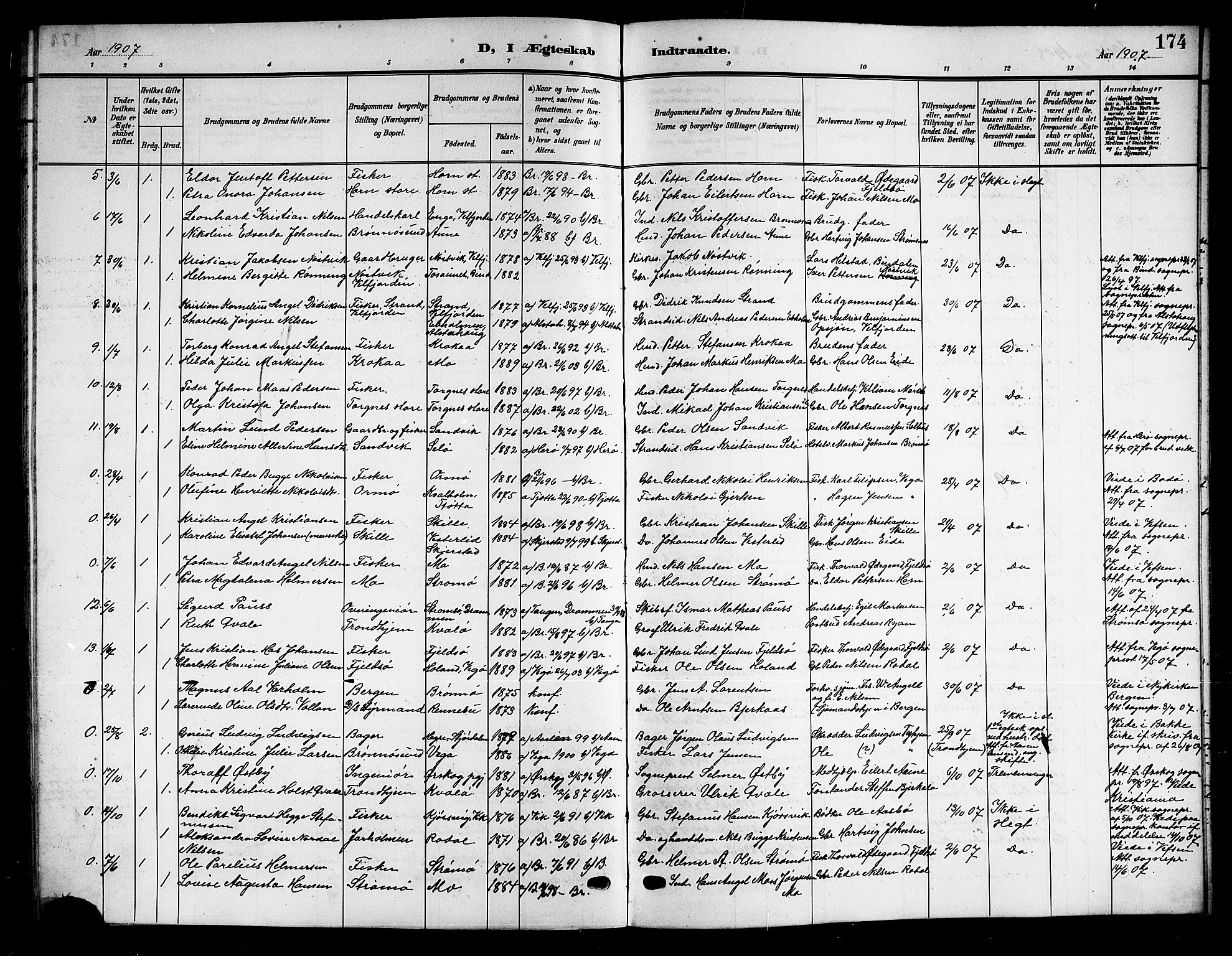 Ministerialprotokoller, klokkerbøker og fødselsregistre - Nordland, SAT/A-1459/813/L0214: Parish register (copy) no. 813C06, 1904-1917, p. 174