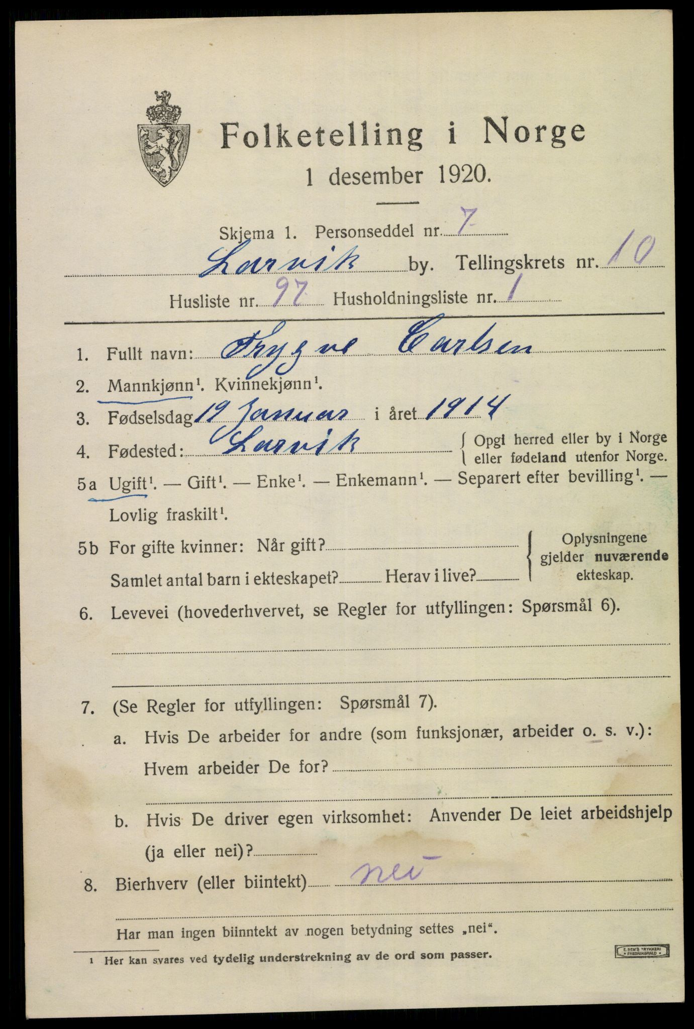 SAKO, 1920 census for Larvik, 1920, p. 28318