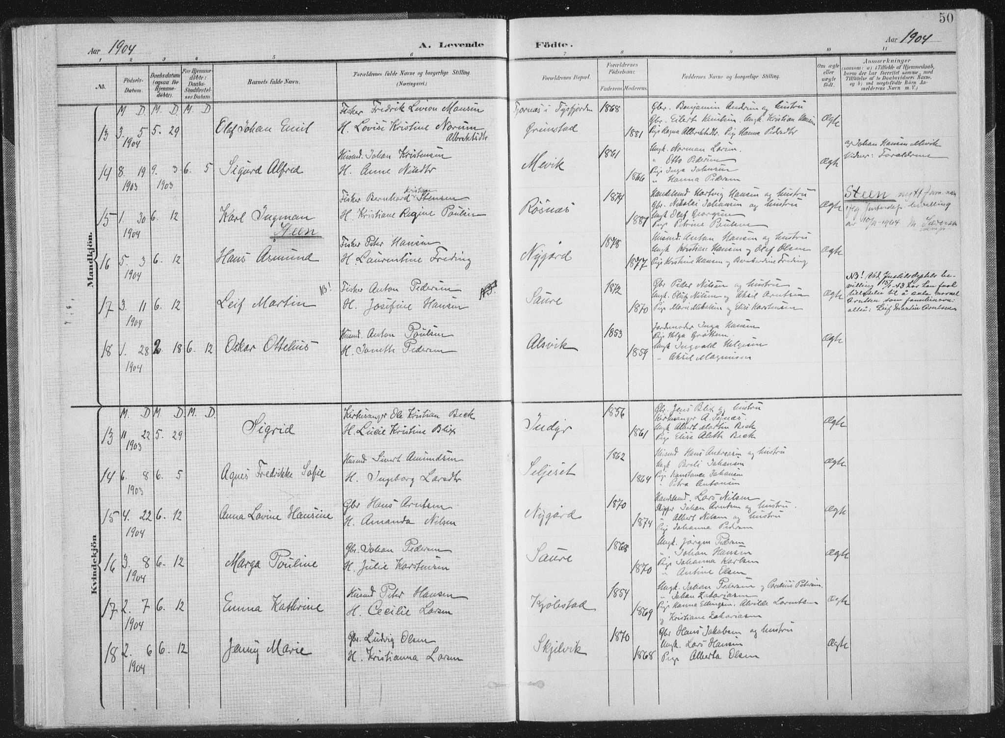 Ministerialprotokoller, klokkerbøker og fødselsregistre - Nordland, AV/SAT-A-1459/805/L0102: Parish register (official) no. 805A08I, 1900-1909, p. 50