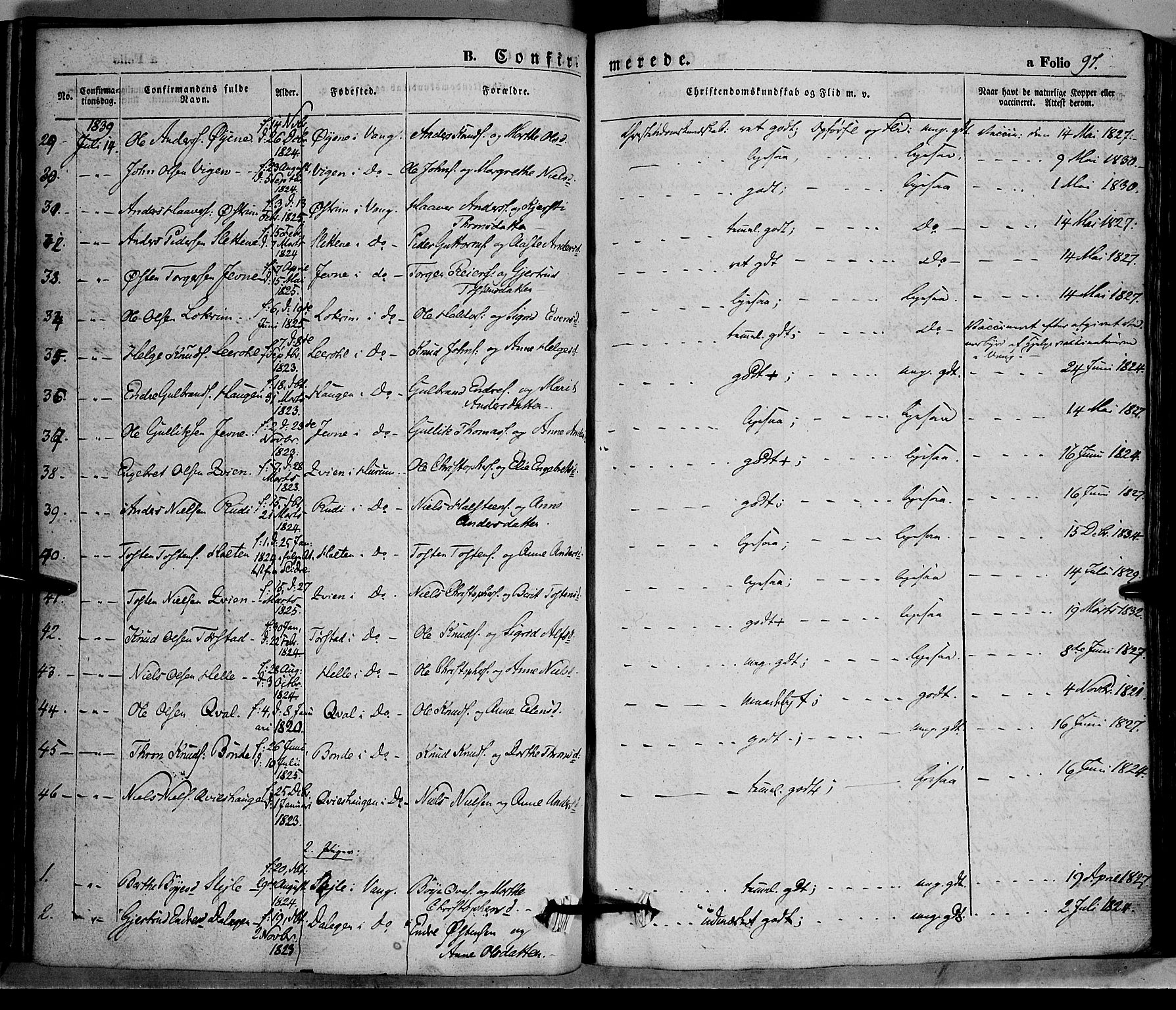 Vang prestekontor, Valdres, SAH/PREST-140/H/Ha/L0005: Parish register (official) no. 5, 1831-1845, p. 97