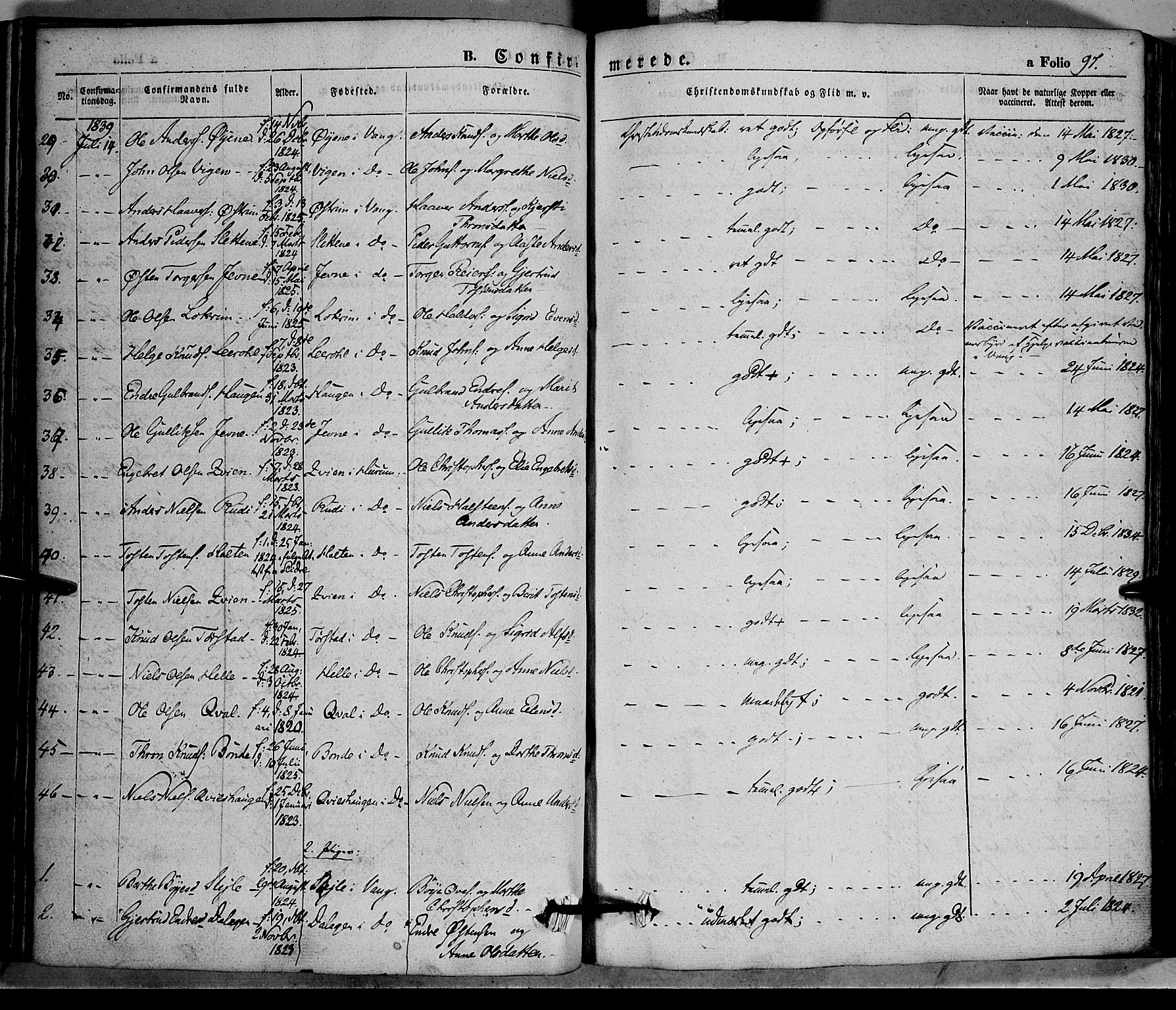 Vang prestekontor, Valdres, AV/SAH-PREST-140/H/Ha/L0005: Parish register (official) no. 5, 1831-1845, p. 97