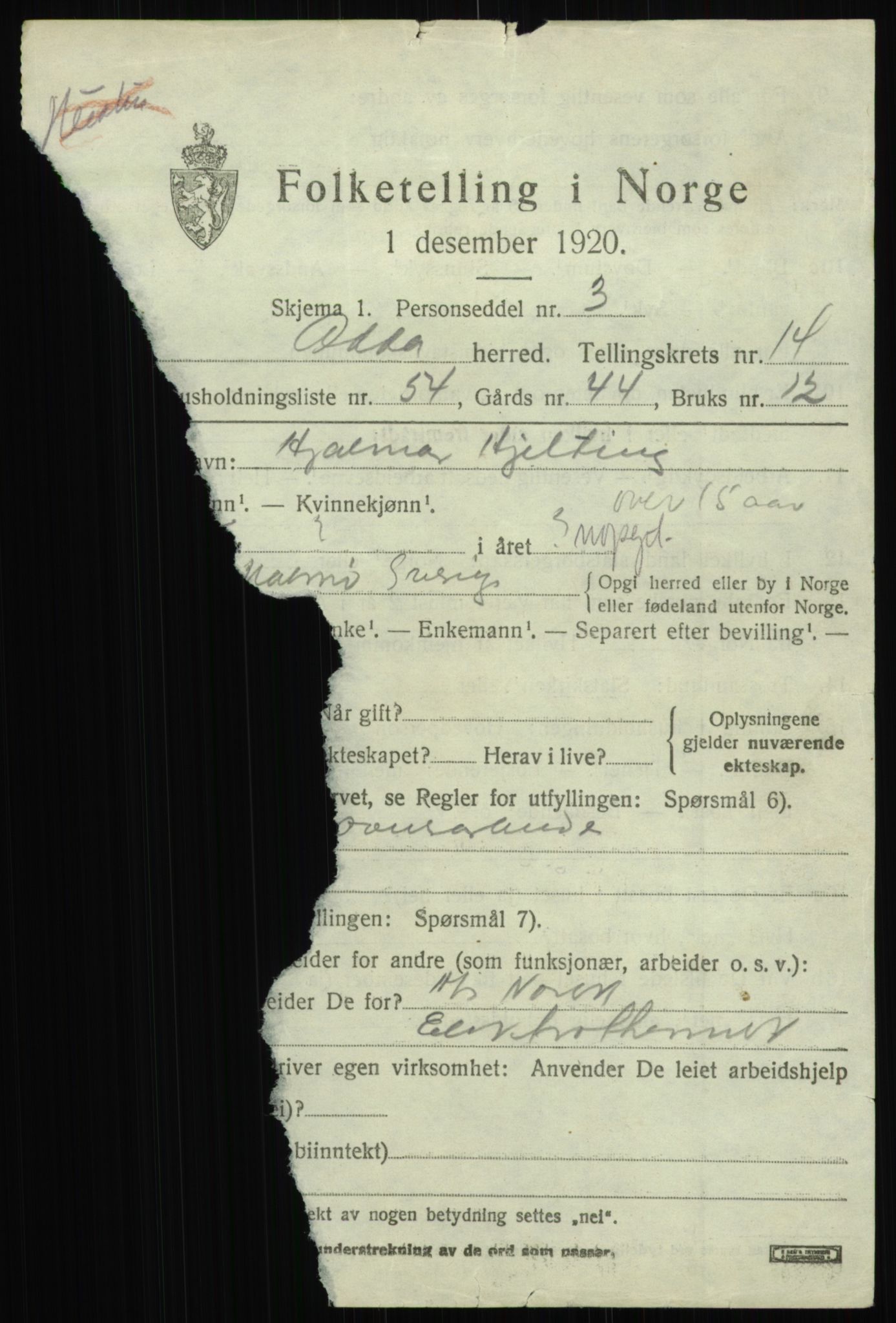 SAB, 1920 census for Odda, 1920, p. 13017