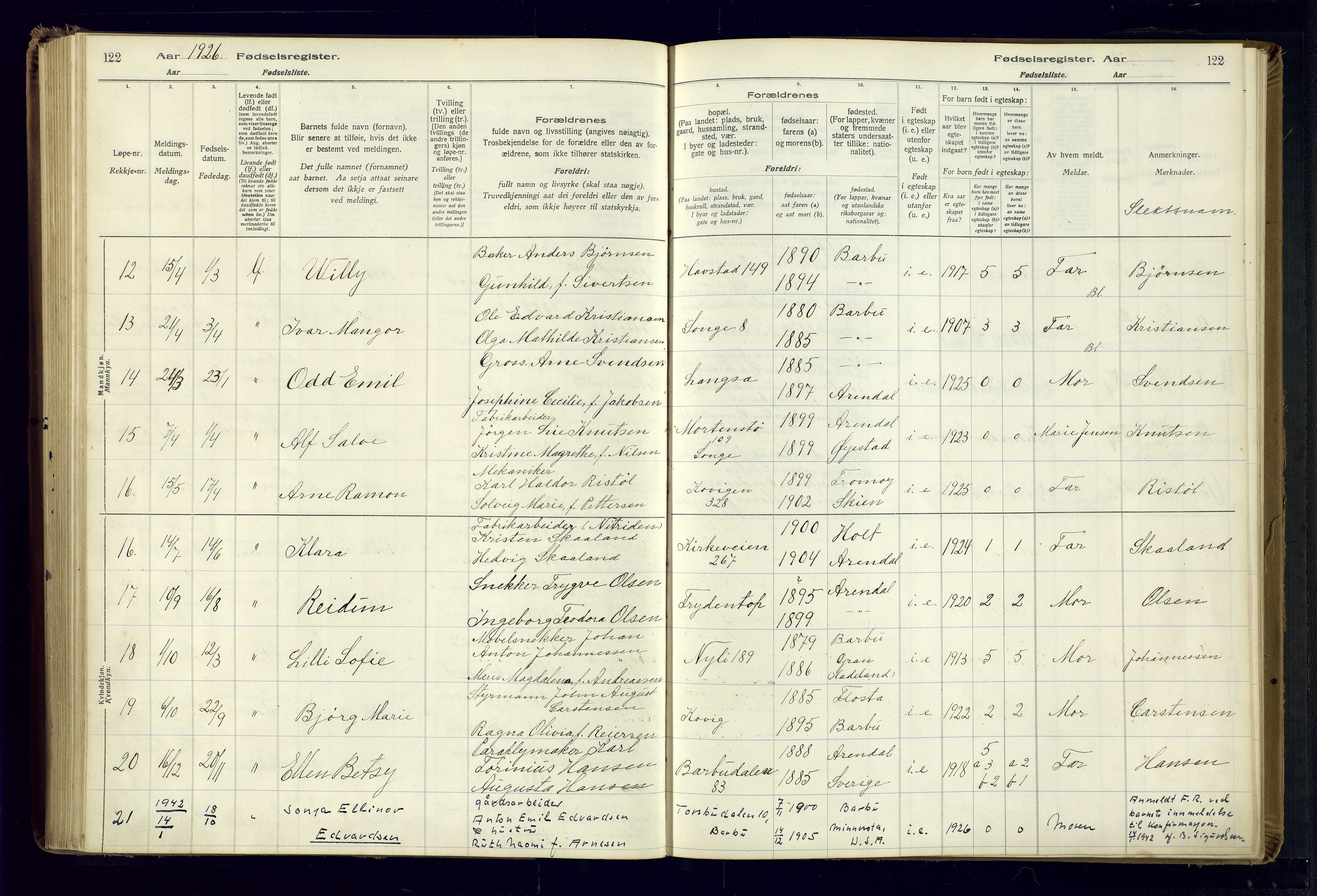 Barbu sokneprestkontor, AV/SAK-1111-0003/J/Ja/L0001: Birth register no. A-VIII-1, 1916-1937, p. 122