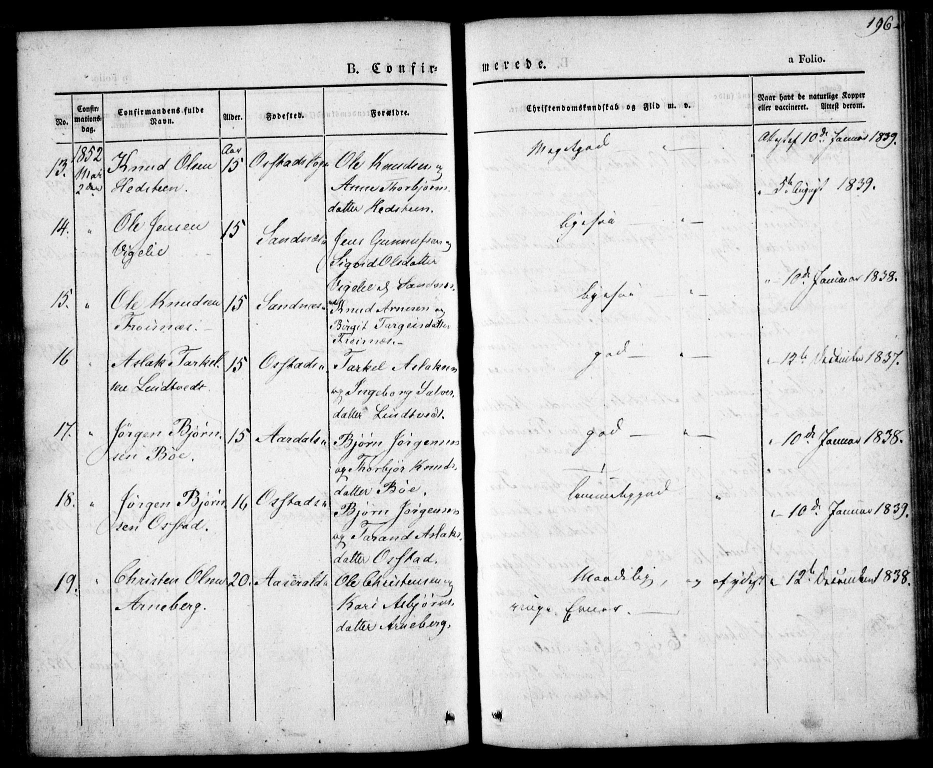 Bygland sokneprestkontor, AV/SAK-1111-0006/F/Fa/Fab/L0004: Parish register (official) no. A 4, 1842-1858, p. 196