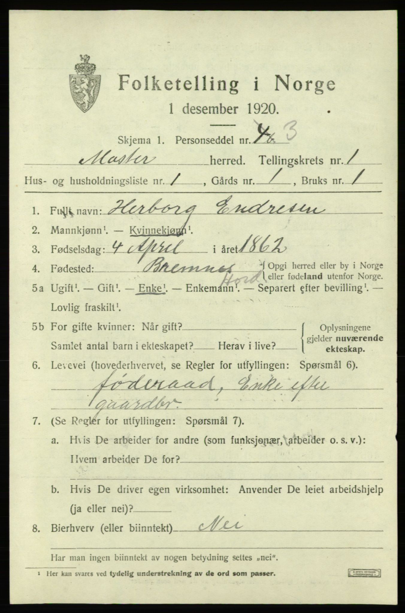 SAB, 1920 census for Moster, 1920, p. 473