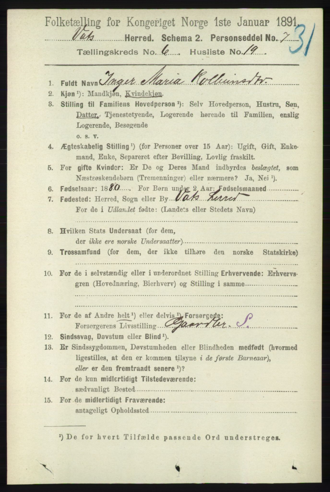 RA, 1891 census for 1155 Vats, 1891, p. 1053