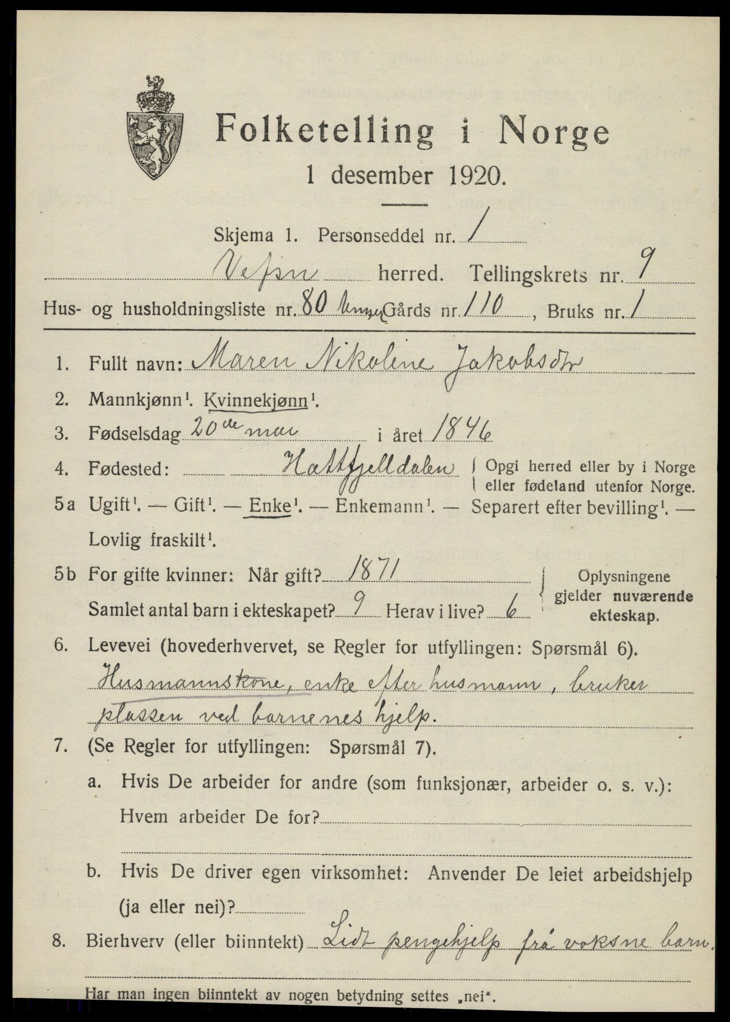 SAT, 1920 census for Vefsn, 1920, p. 6885