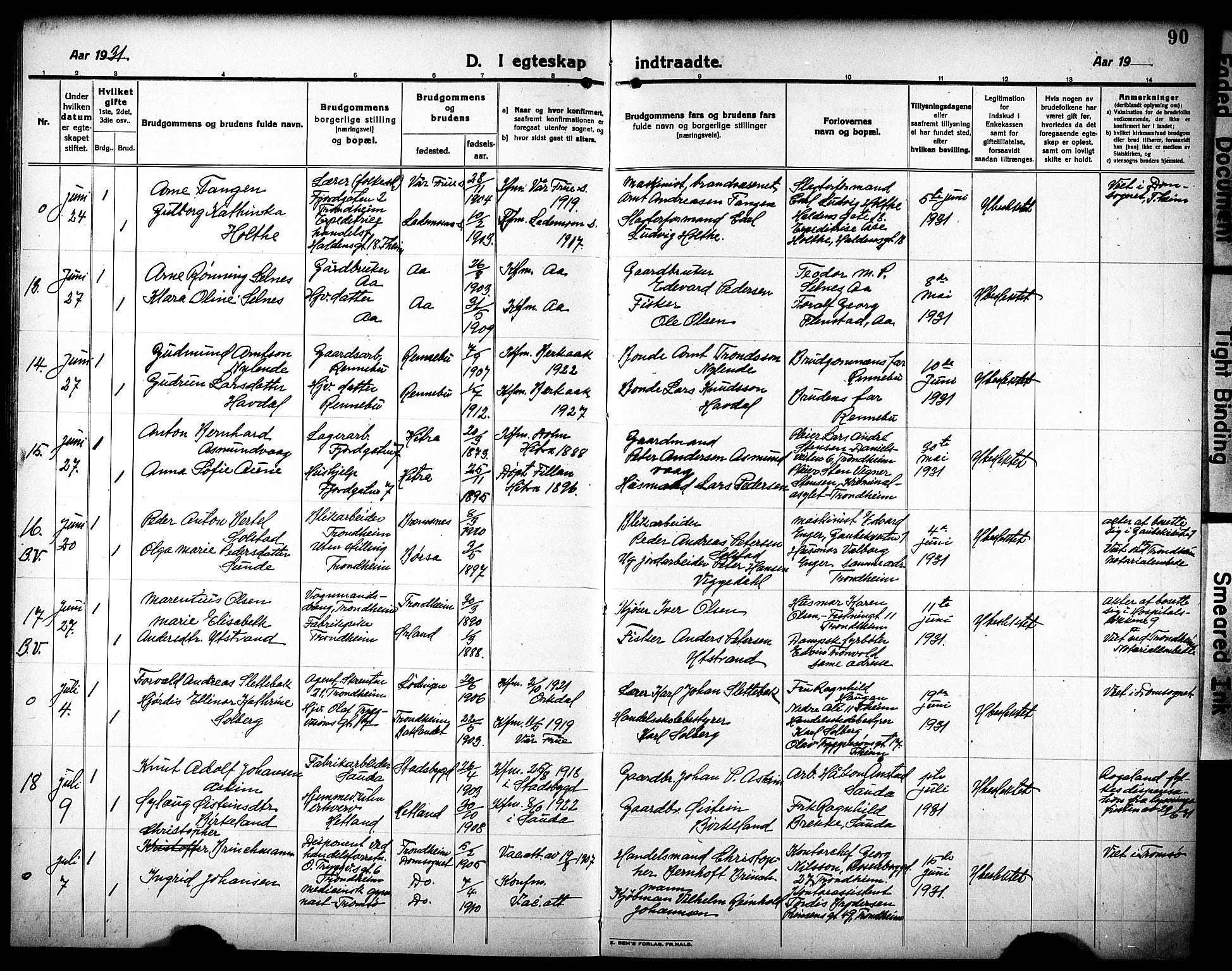 Ministerialprotokoller, klokkerbøker og fødselsregistre - Sør-Trøndelag, AV/SAT-A-1456/602/L0149: Parish register (copy) no. 602C17, 1919-1932, p. 90