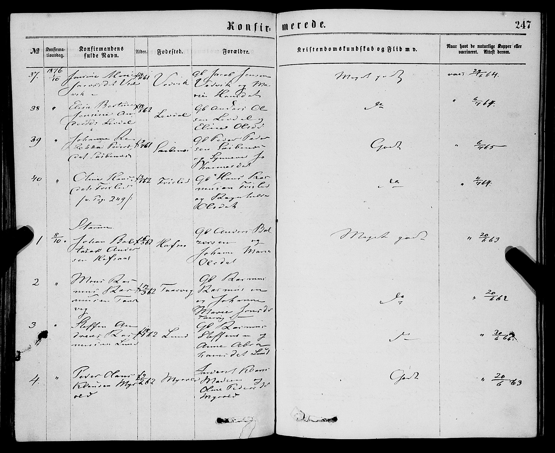 Eid sokneprestembete, AV/SAB-A-82301/H/Haa/Haaa/L0010: Parish register (official) no. A 10, 1867-1878, p. 247