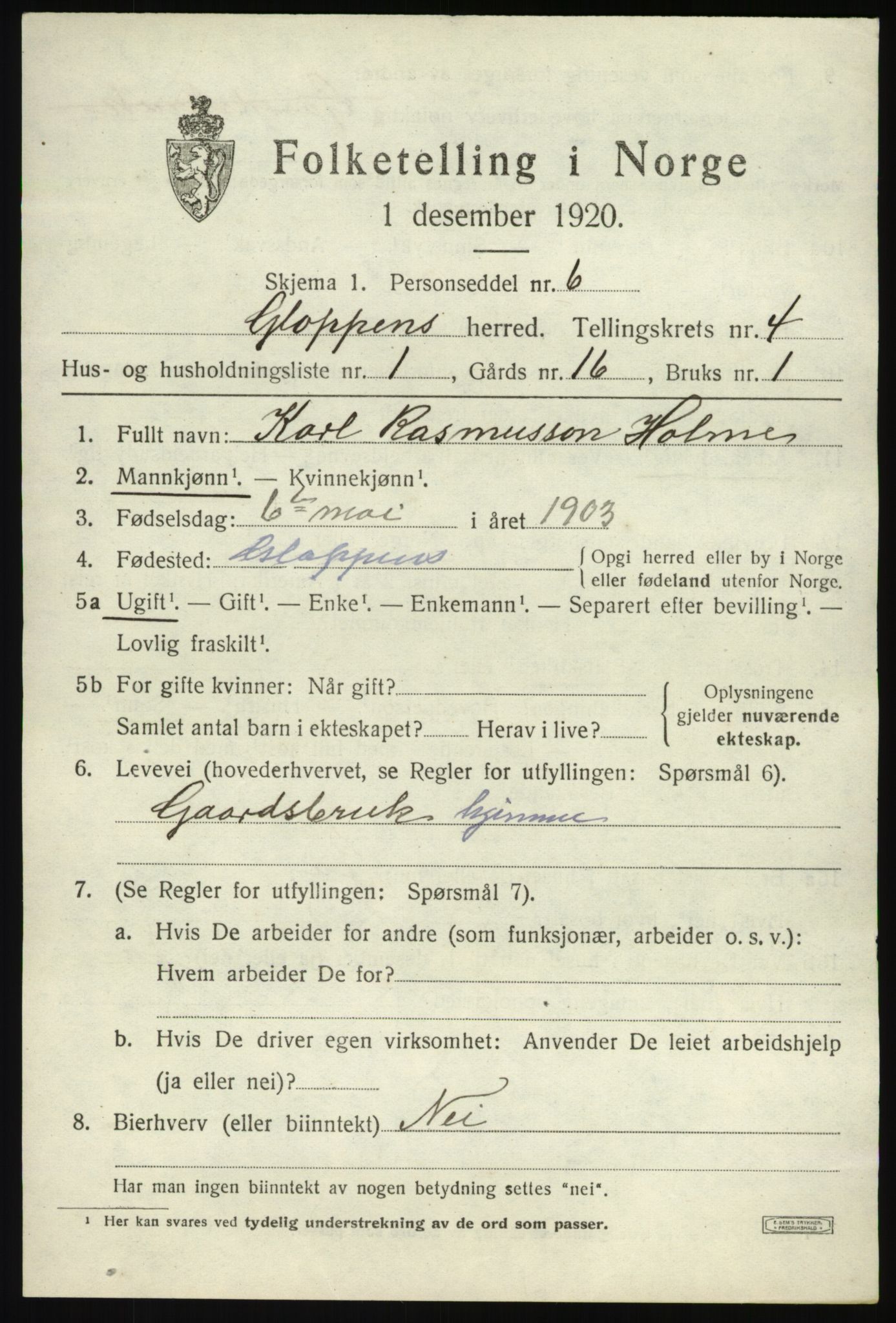 SAB, 1920 census for Gloppen, 1920, p. 2774