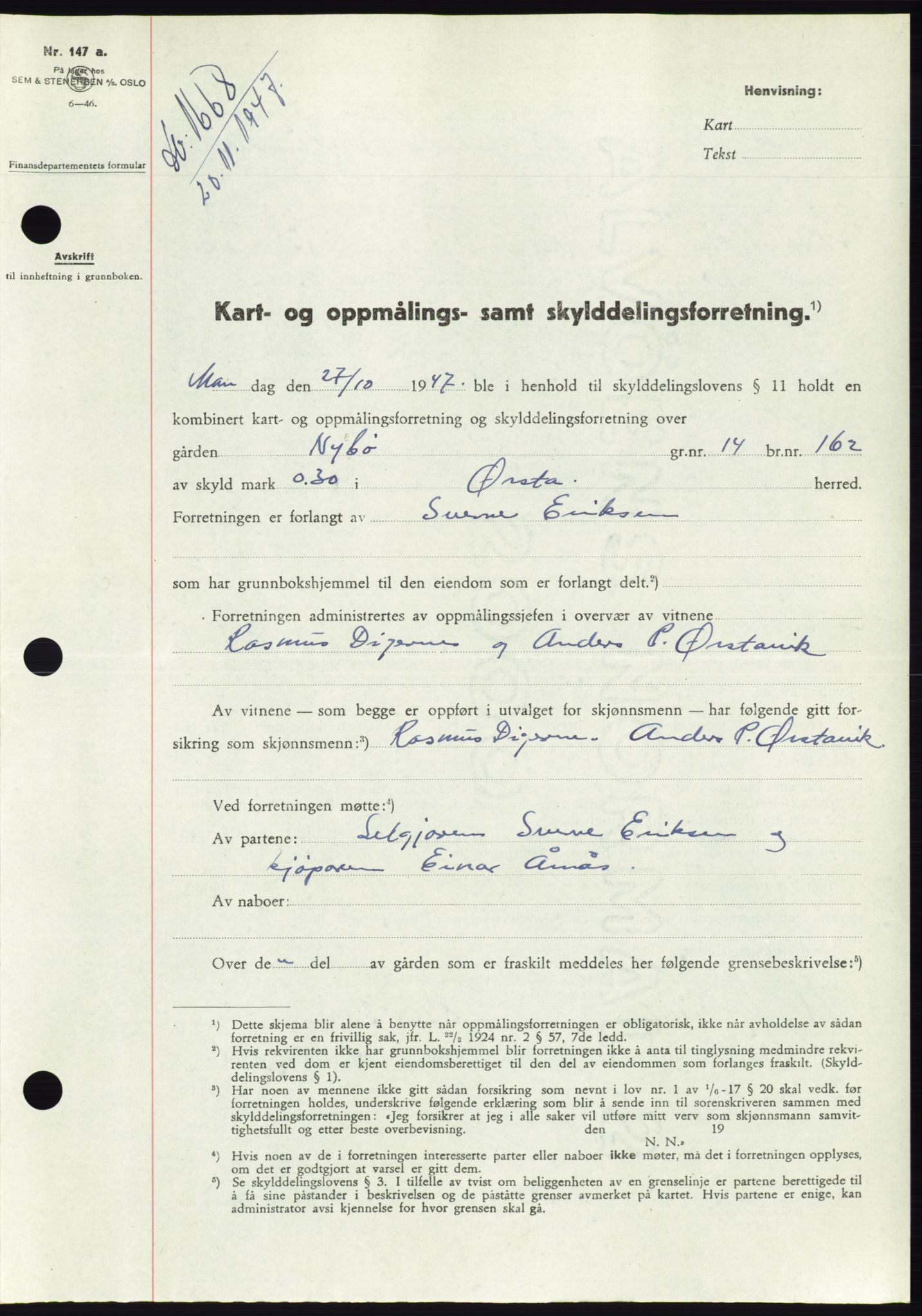 Søre Sunnmøre sorenskriveri, AV/SAT-A-4122/1/2/2C/L0081: Mortgage book no. 7A, 1947-1948, Diary no: : 1668/1947