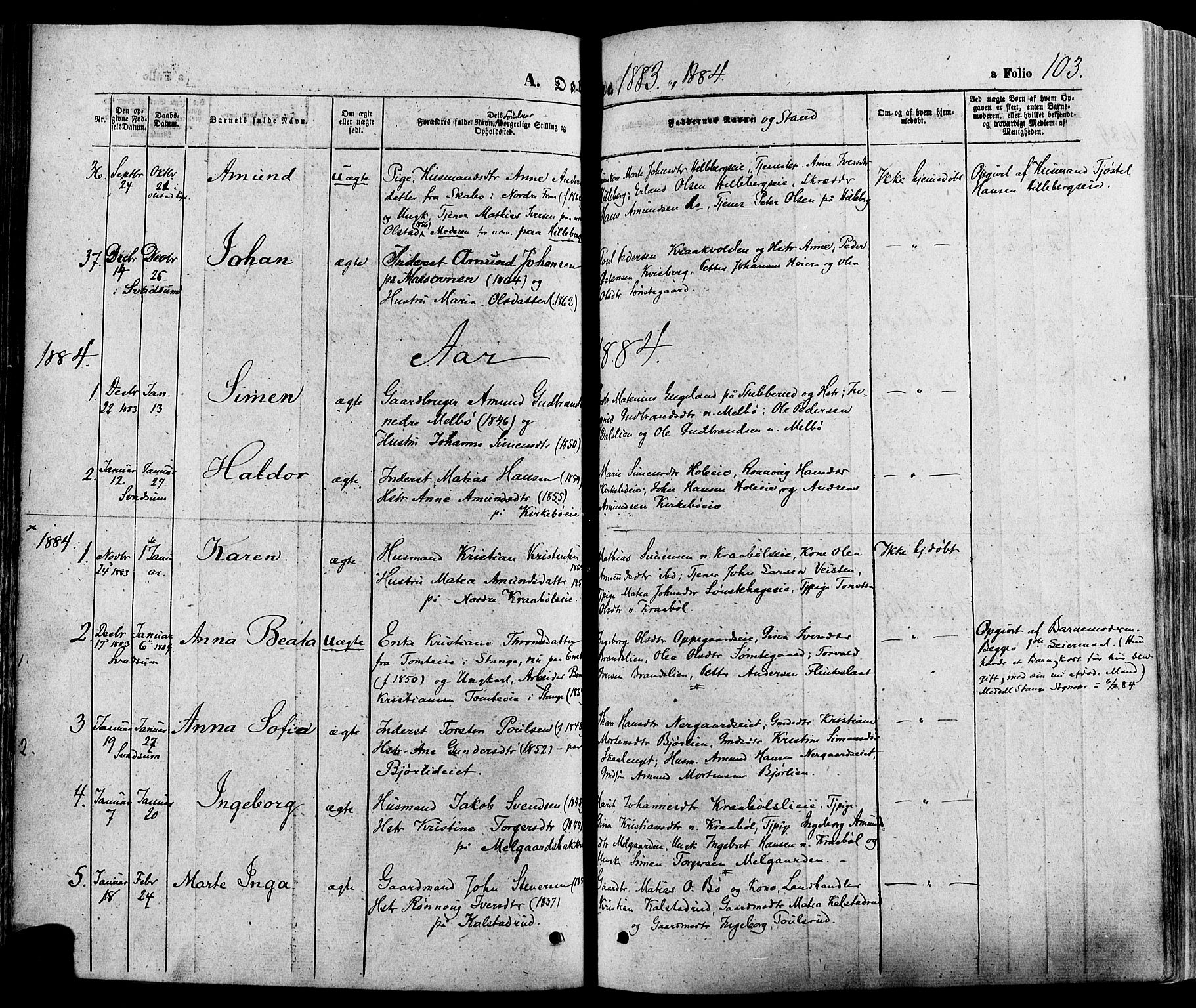 Gausdal prestekontor, SAH/PREST-090/H/Ha/Haa/L0010: Parish register (official) no. 10, 1867-1886, p. 103