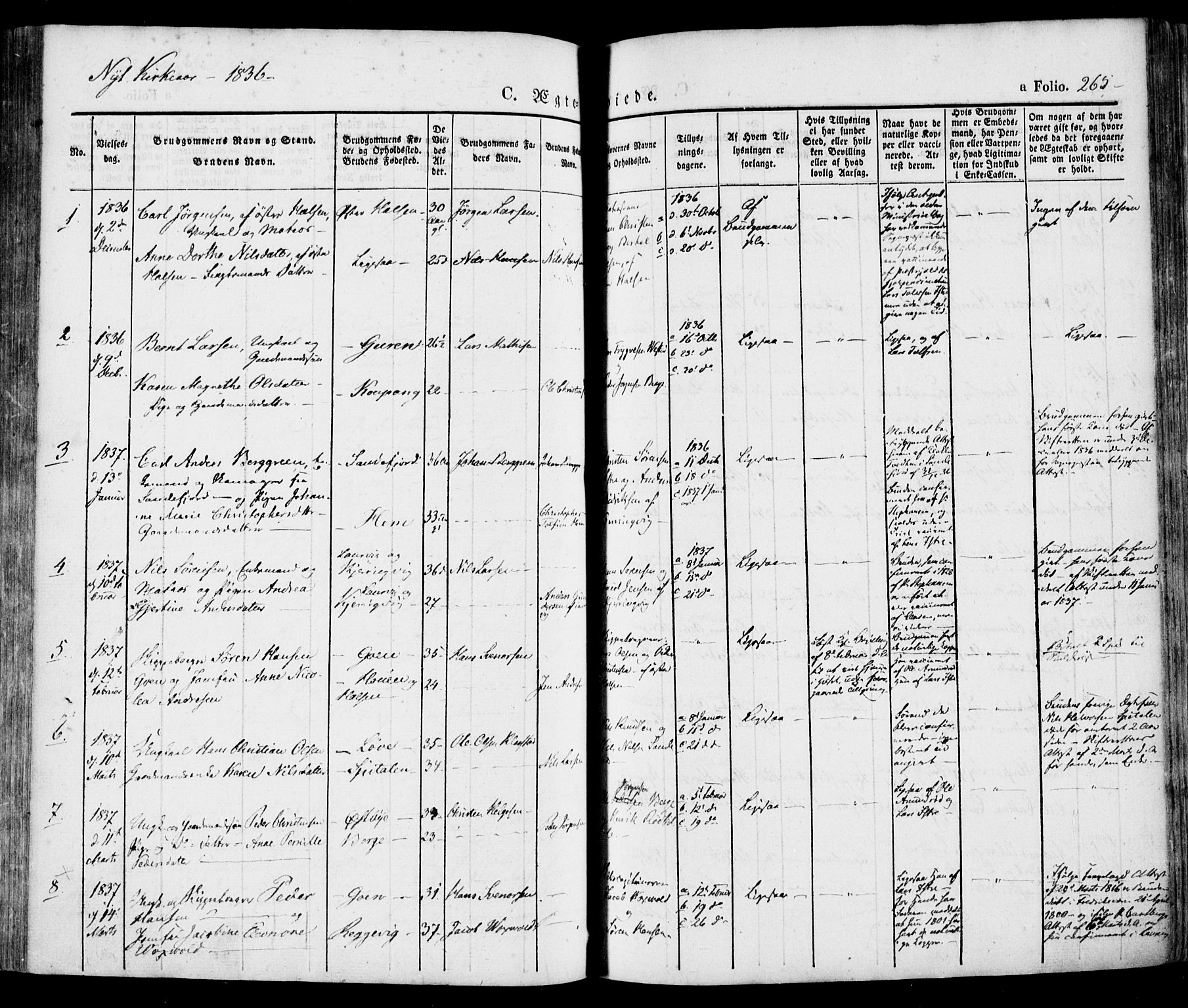 Tjølling kirkebøker, SAKO/A-60/F/Fa/L0006: Parish register (official) no. 6, 1835-1859, p. 265