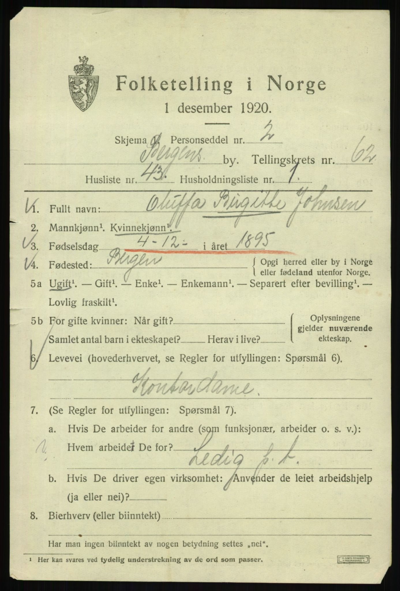 SAB, 1920 census for Bergen, 1920, p. 131596