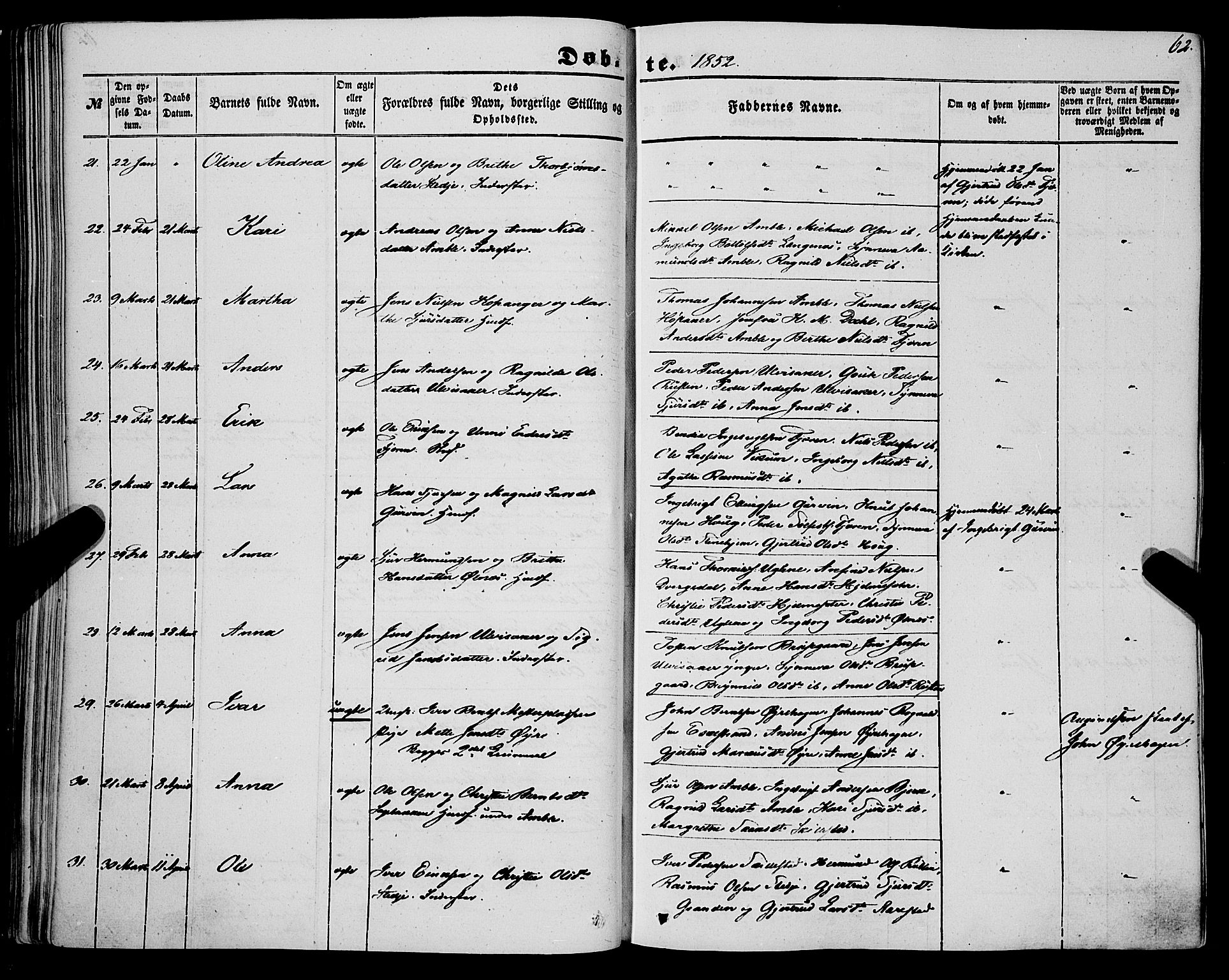 Sogndal sokneprestembete, AV/SAB-A-81301/H/Haa/Haaa/L0012I: Parish register (official) no. A 12I, 1847-1859, p. 62