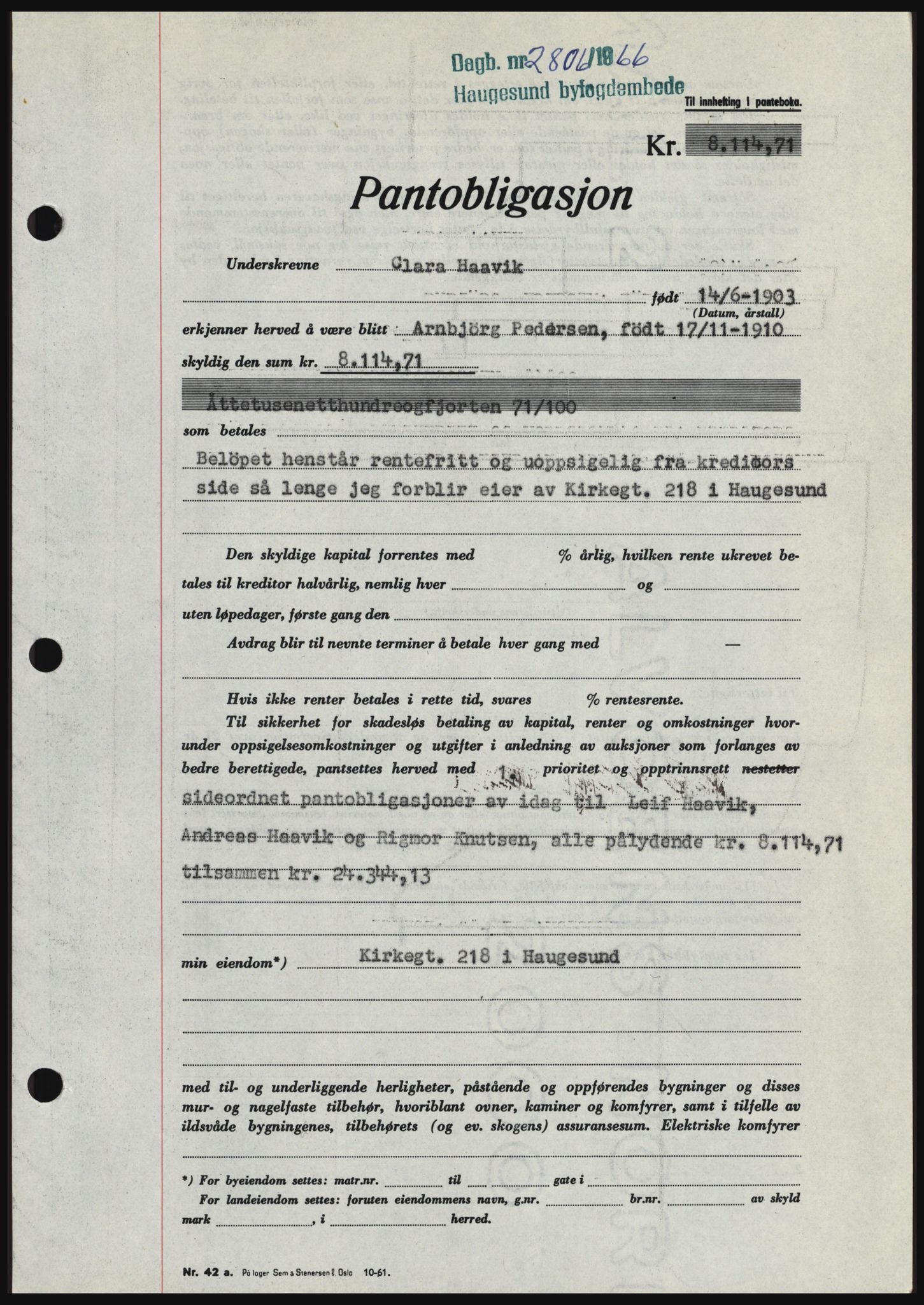 Haugesund tingrett, SAST/A-101415/01/II/IIC/L0056: Mortgage book no. B 56, 1966-1967, Diary no: : 2806/1966
