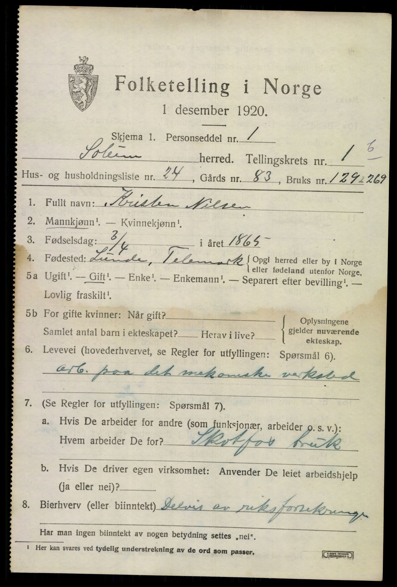 SAKO, 1920 census for Solum, 1920, p. 4648