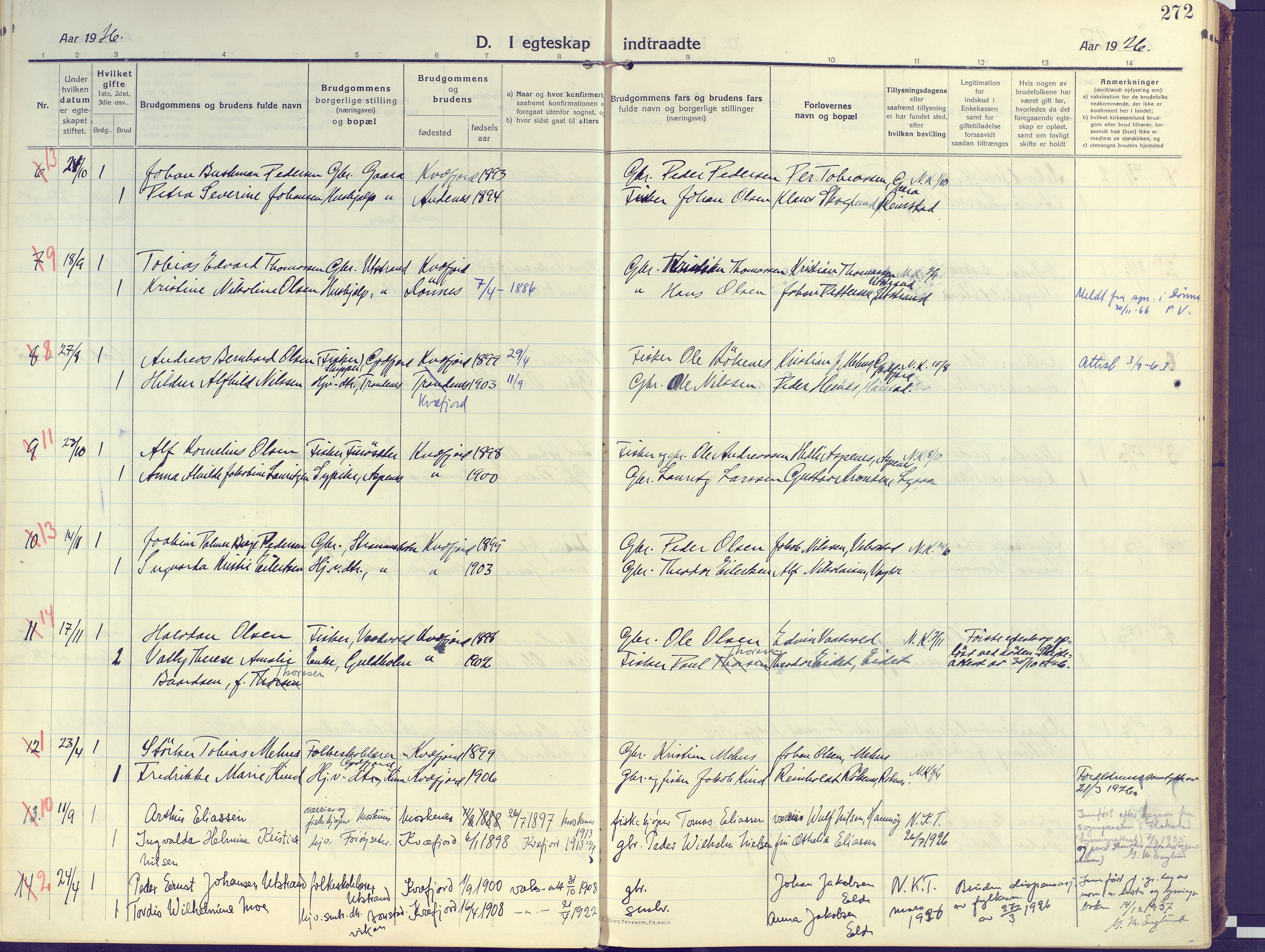 Kvæfjord sokneprestkontor, SATØ/S-1323/G/Ga/Gaa/L0007kirke: Parish register (official) no. 7, 1915-1931, p. 272