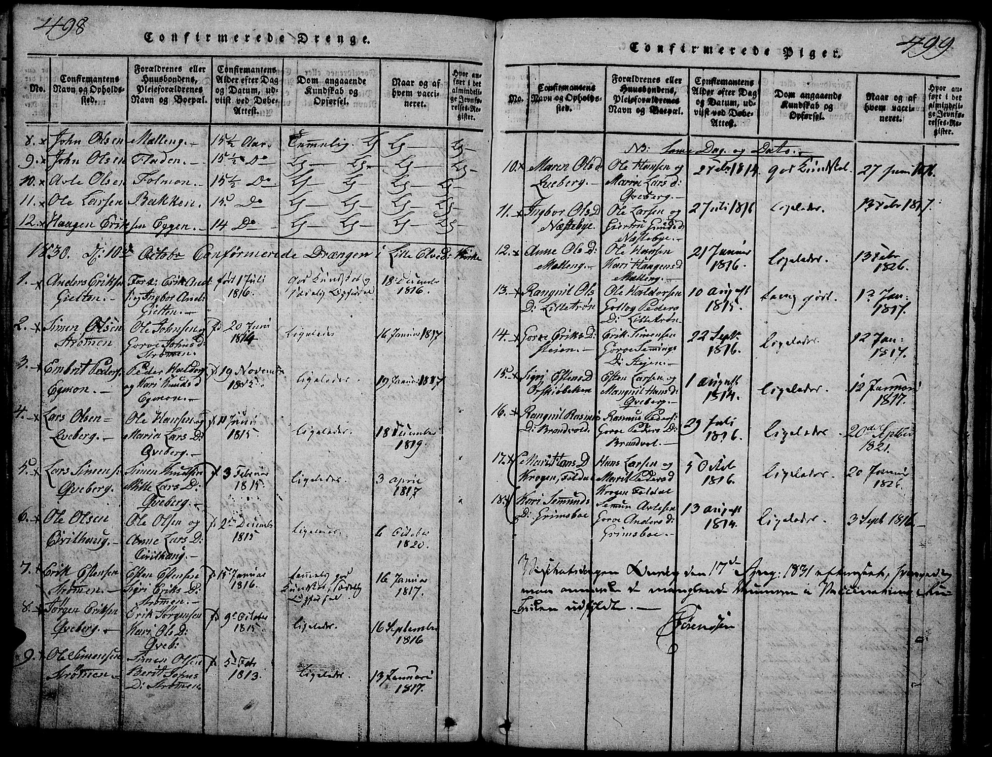 Tynset prestekontor, SAH/PREST-058/H/Ha/Hab/L0002: Parish register (copy) no. 2, 1814-1862, p. 498-499