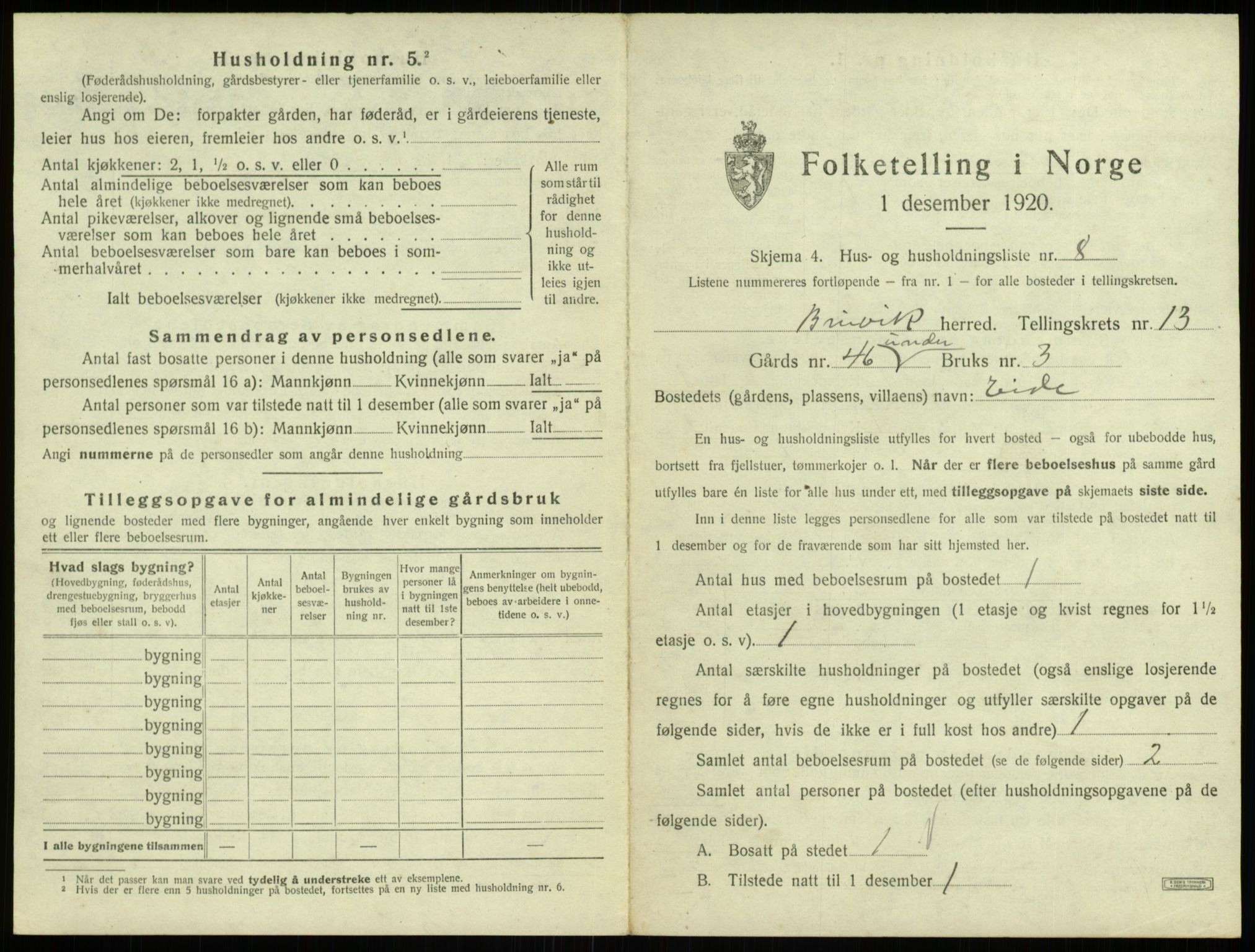 SAB, 1920 census for Bruvik, 1920, p. 897
