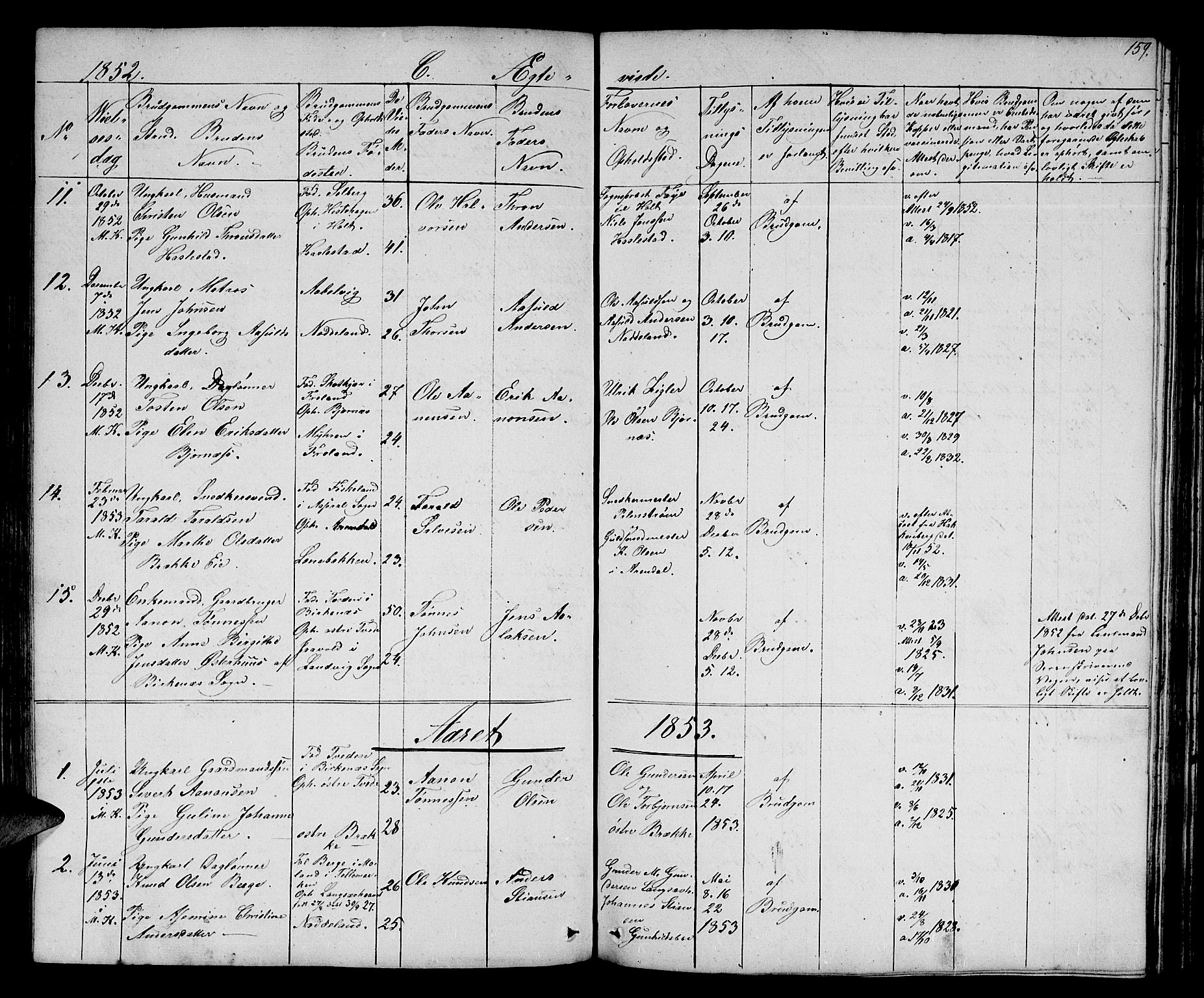 Austre Moland sokneprestkontor, SAK/1111-0001/F/Fb/Fba/L0001: Parish register (copy) no. B 1, 1842-1868, p. 159