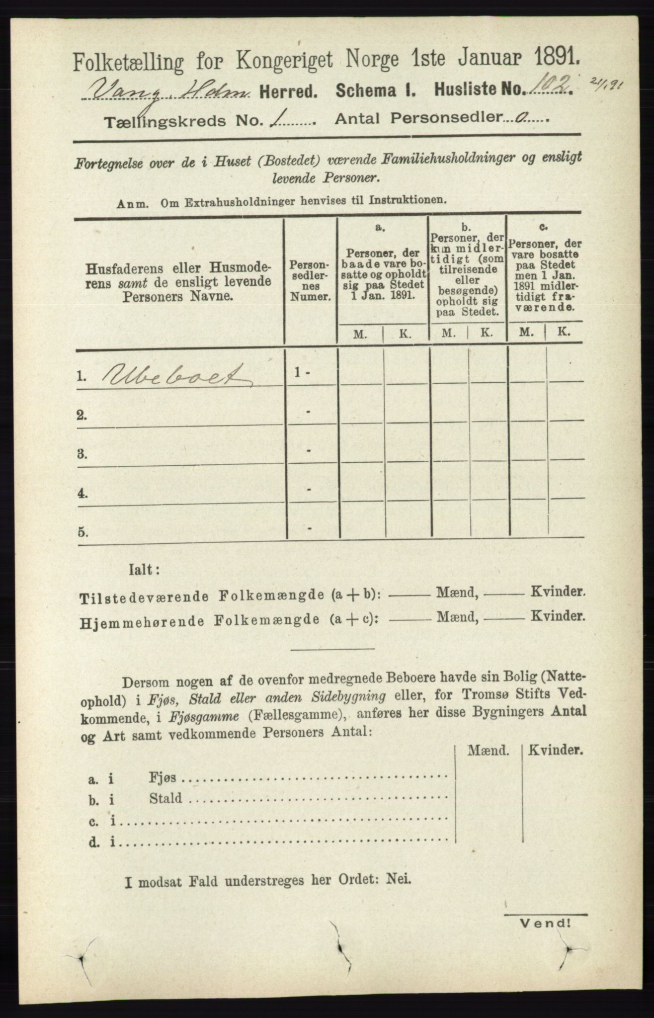 RA, 1891 census for 0414 Vang, 1891, p. 153