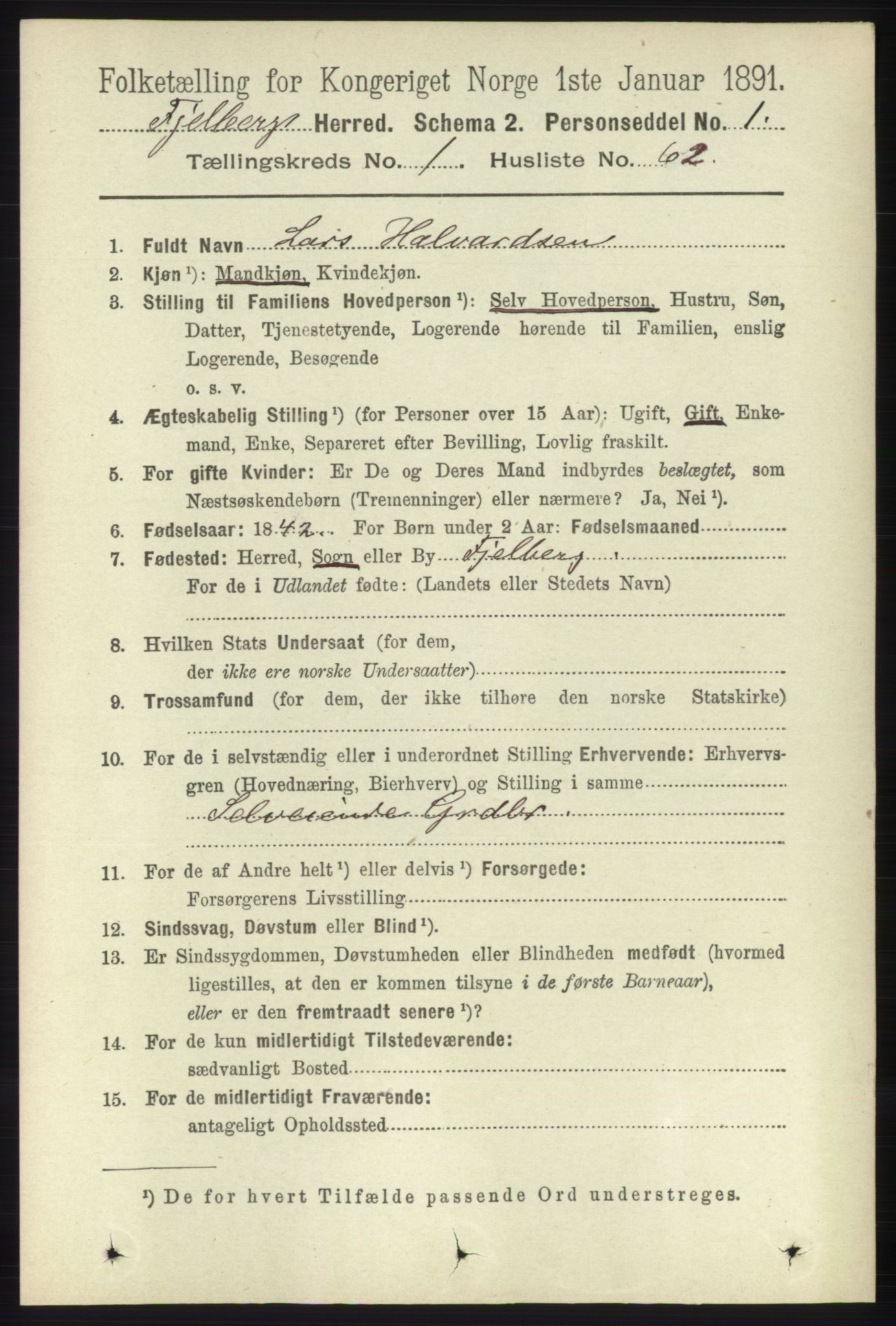 RA, 1891 census for 1213 Fjelberg, 1891, p. 406