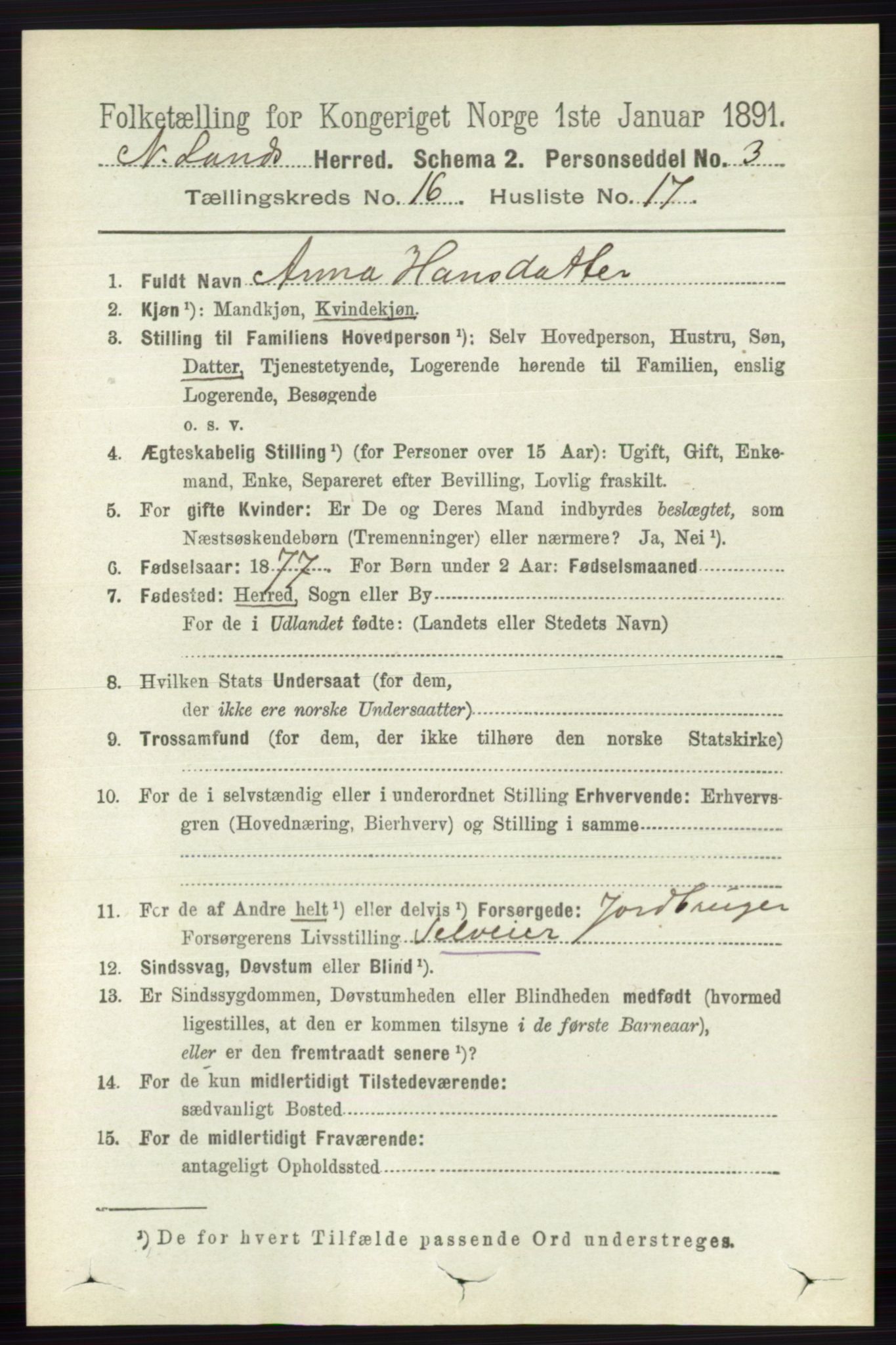 RA, 1891 census for 0538 Nordre Land, 1891, p. 4229