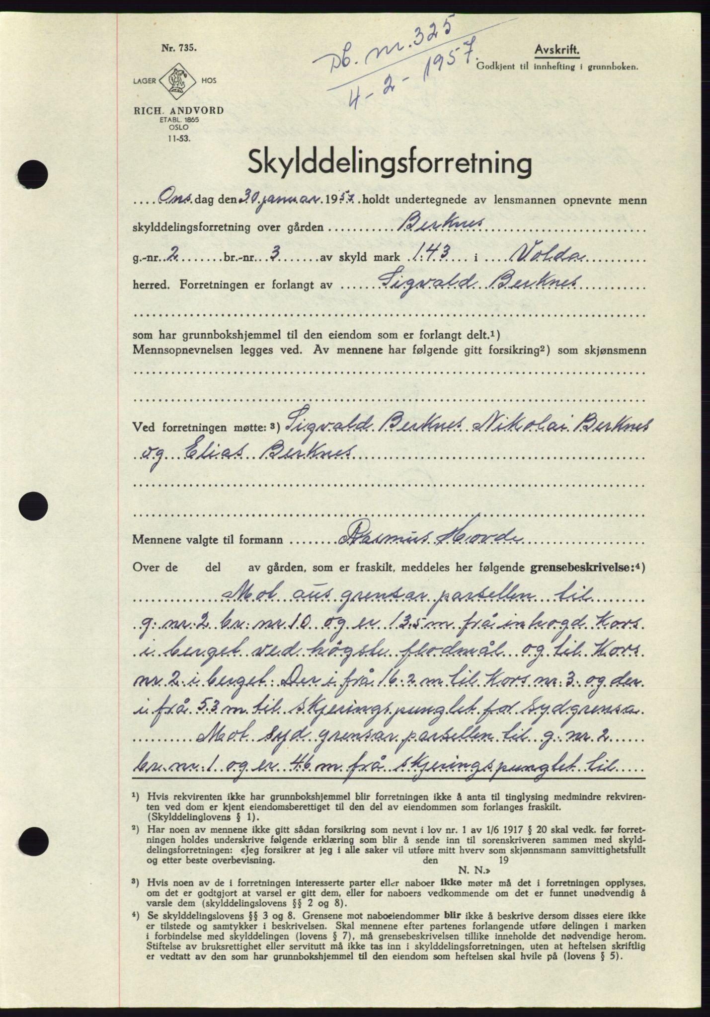 Søre Sunnmøre sorenskriveri, AV/SAT-A-4122/1/2/2C/L0105: Mortgage book no. 31A, 1956-1957, Diary no: : 325/1957