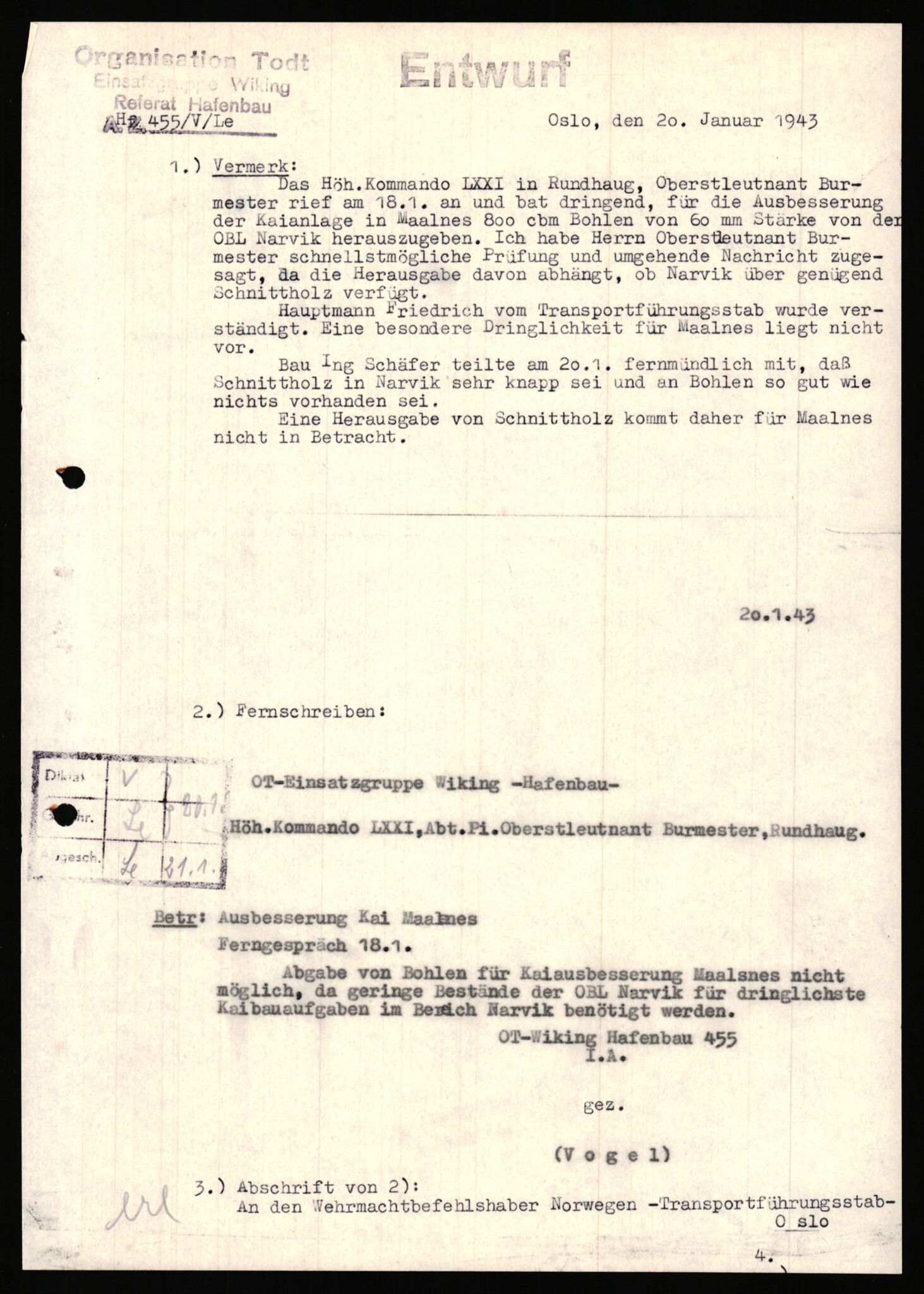 Tyske arkiver, Organisation Todt (OT), Einsatzgruppe Wiking, AV/RA-RAFA-2188/1/E/E6/E6a/L0008: 4. Oberbauleitung Narvik: Arkivkode 451-483, 1940-1945, p. 28