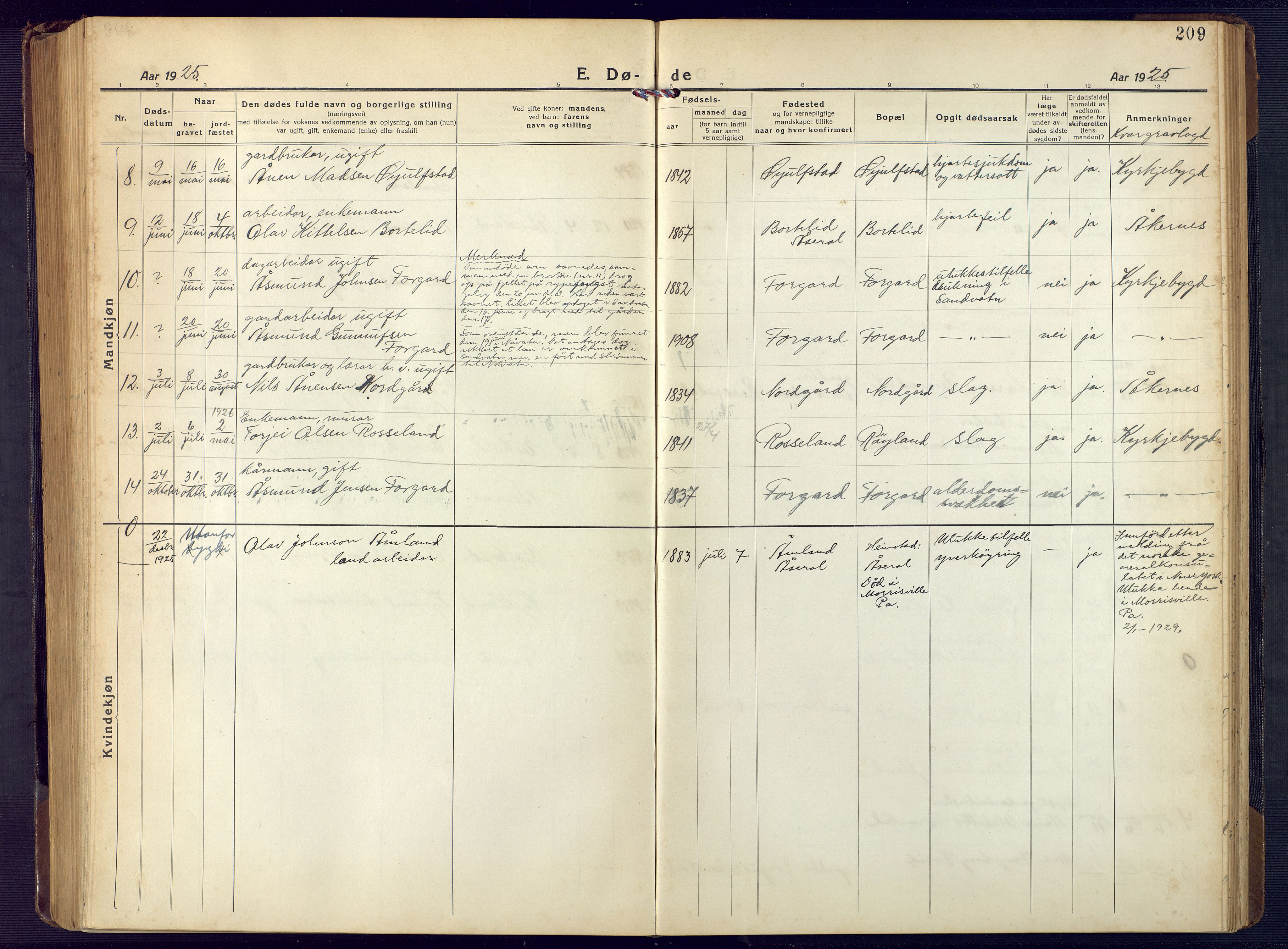 Åseral sokneprestkontor, SAK/1111-0051/F/Fb/L0004: Parish register (copy) no. B 4, 1920-1946, p. 209