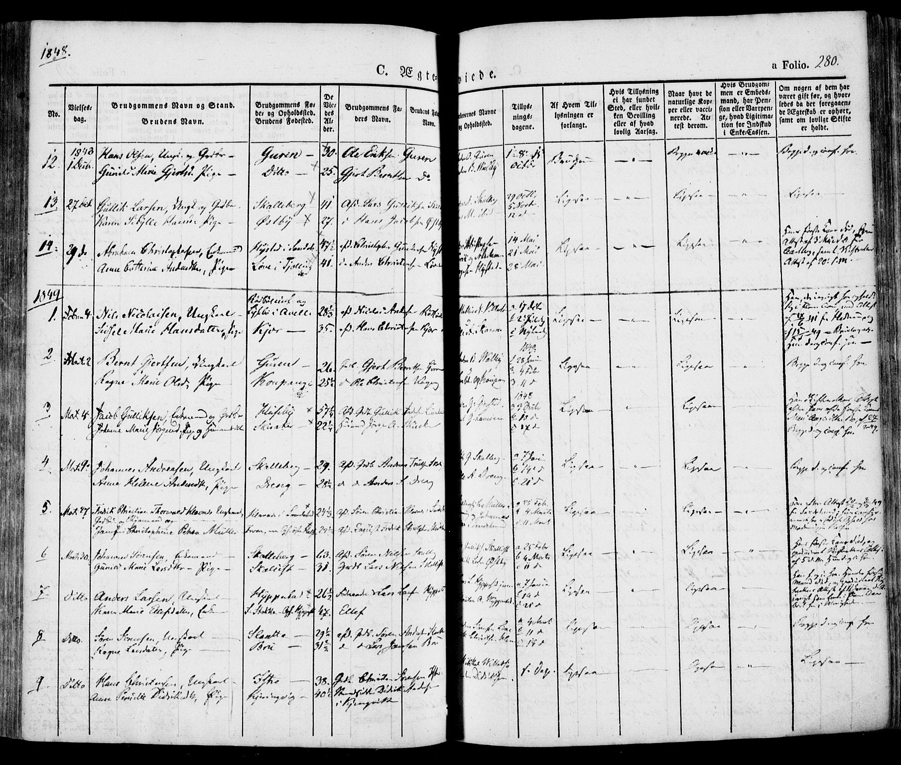 Tjølling kirkebøker, SAKO/A-60/F/Fa/L0006: Parish register (official) no. 6, 1835-1859, p. 280