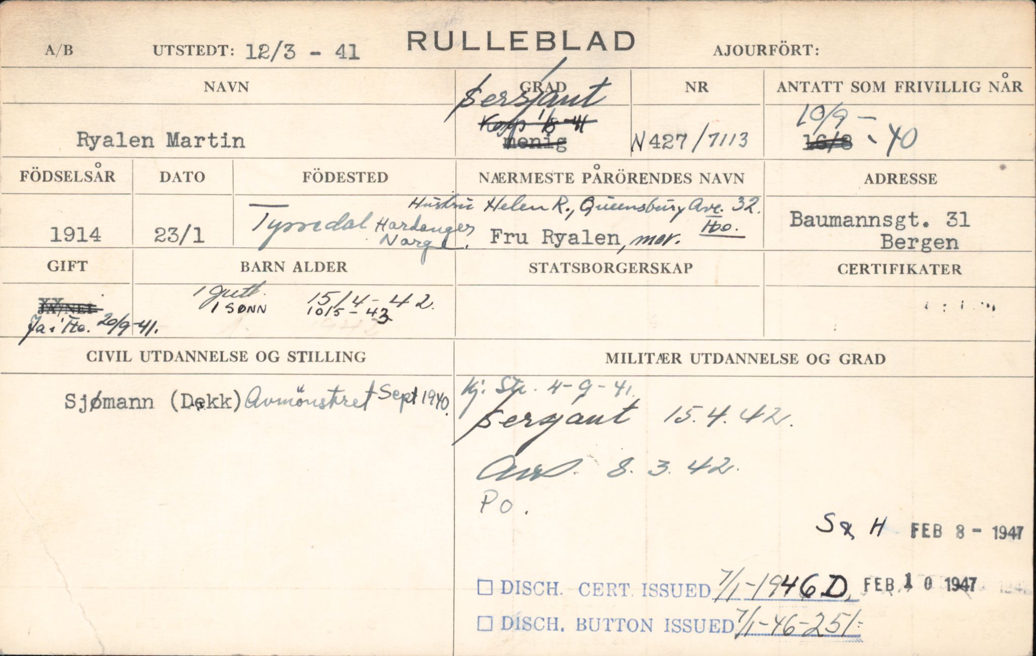Forsvaret, Forsvarets overkommando/Luftforsvarsstaben, RA/RAFA-4079/P/Pa/L0037: Personellpapirer, 1914, p. 636