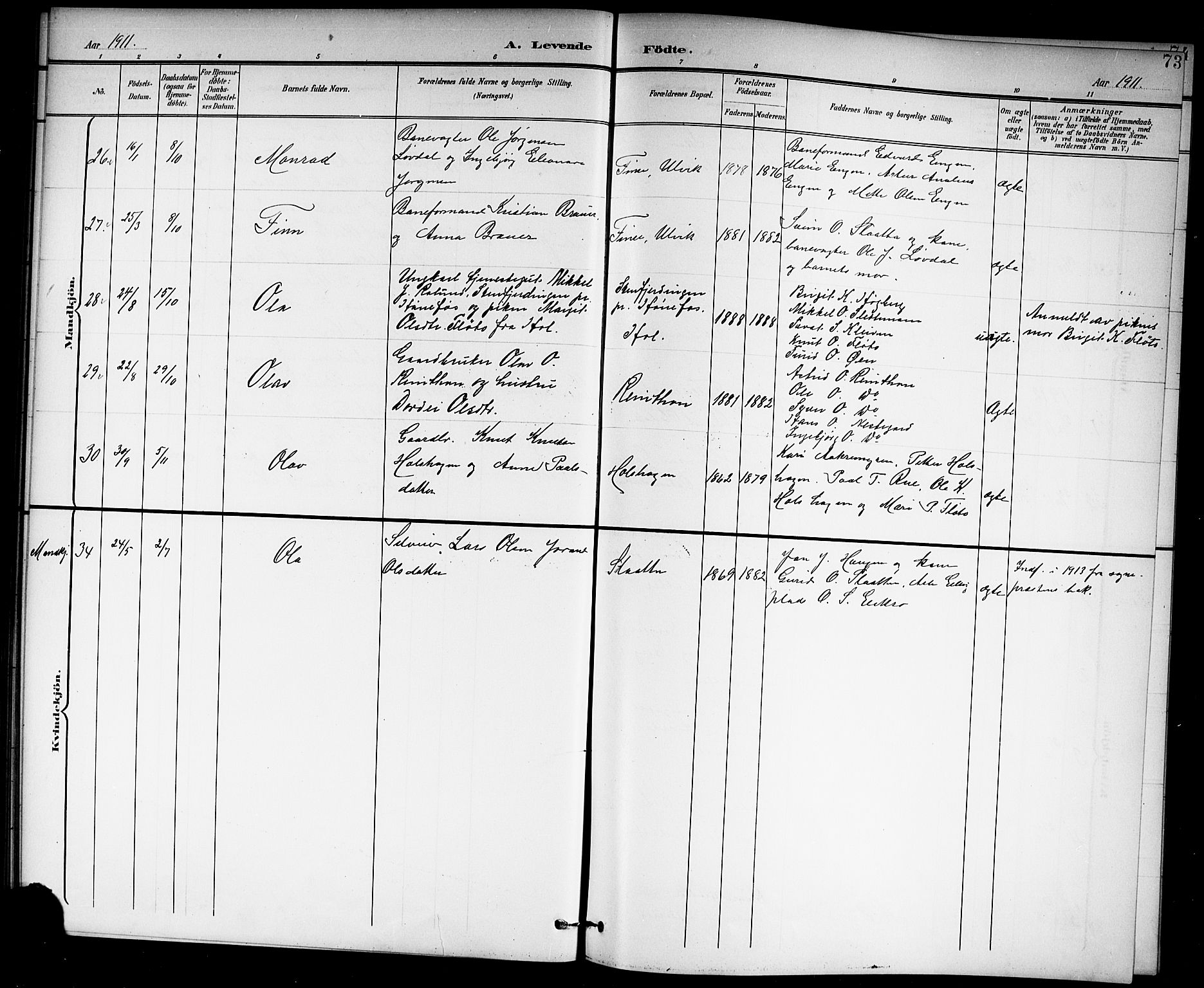 Hol kirkebøker, AV/SAKO-A-227/G/Ga/L0001: Parish register (copy) no. I 1, 1900-1919, p. 73