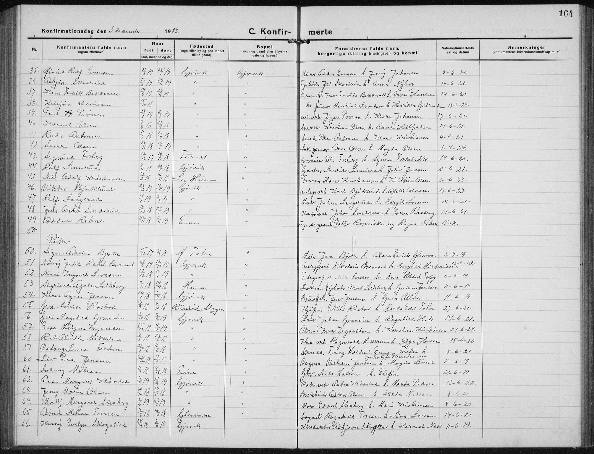 Vardal prestekontor, AV/SAH-PREST-100/H/Ha/Hab/L0017: Parish register (copy) no. 17, 1922-1941, p. 164