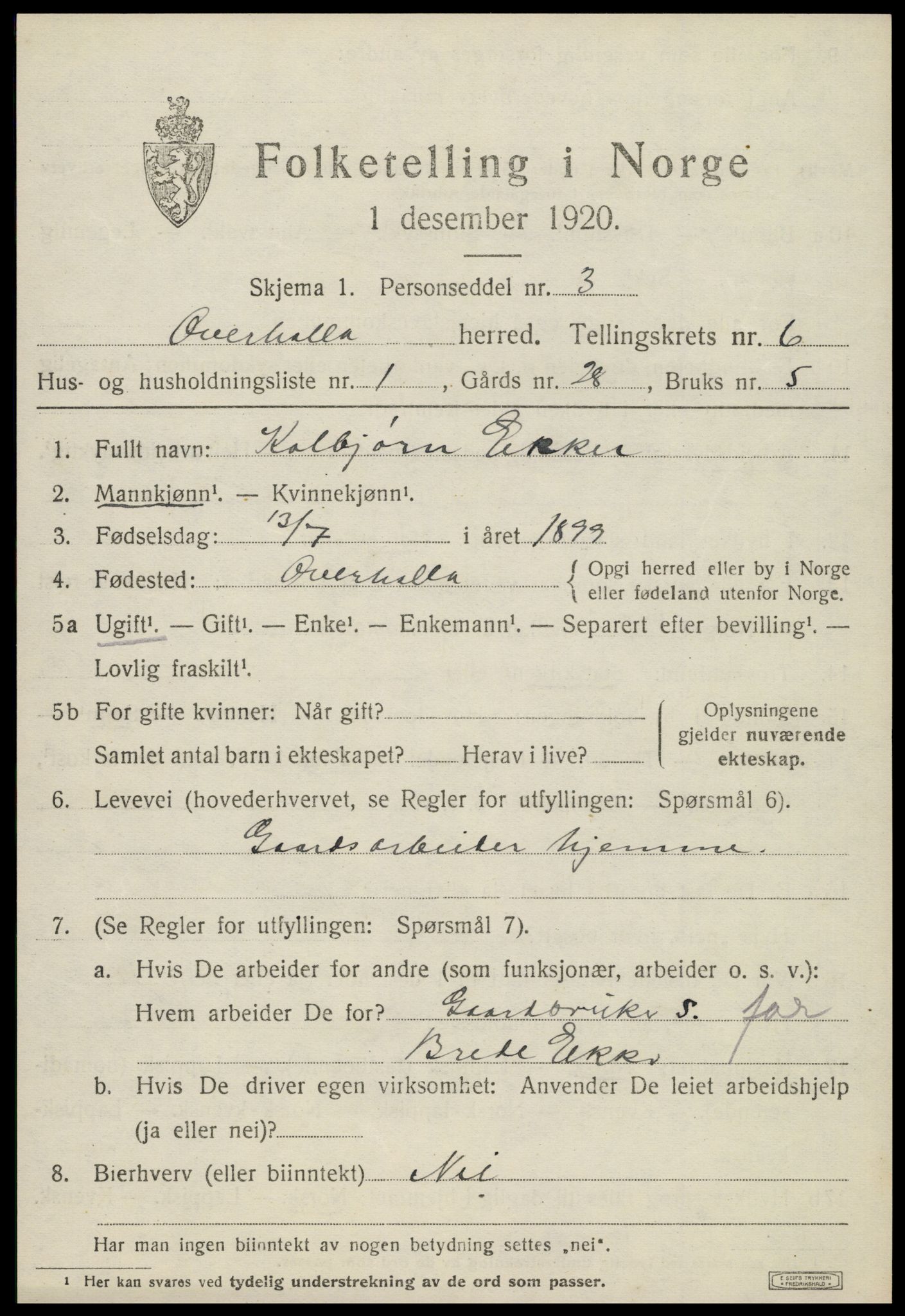 SAT, 1920 census for Overhalla, 1920, p. 4294