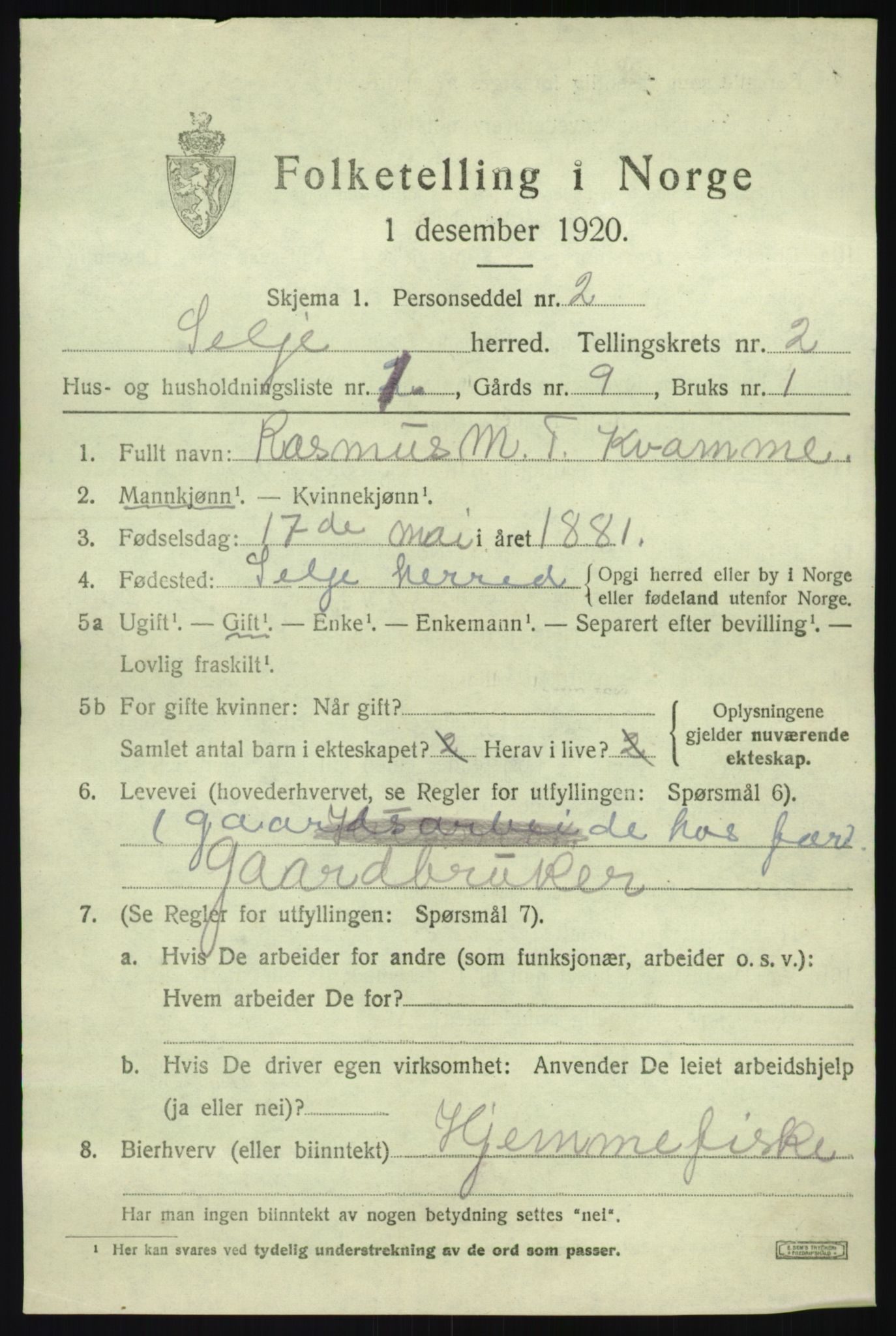 SAB, 1920 census for Selje, 1920, p. 1533