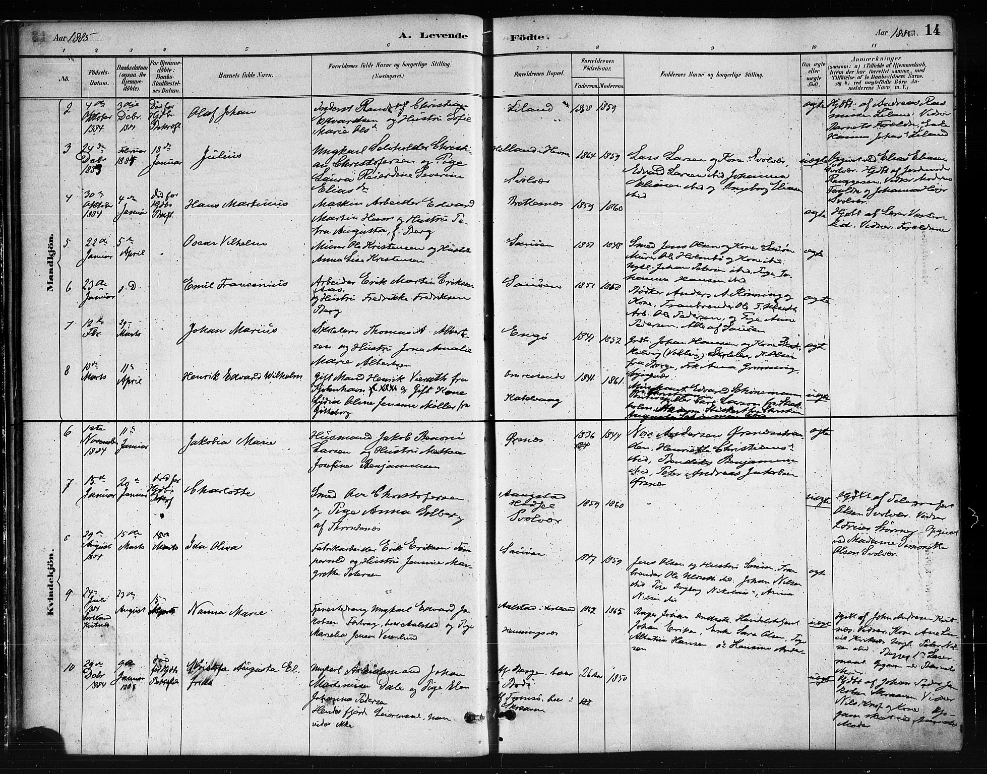 Ministerialprotokoller, klokkerbøker og fødselsregistre - Nordland, SAT/A-1459/874/L1059: Parish register (official) no. 874A03, 1884-1890, p. 14